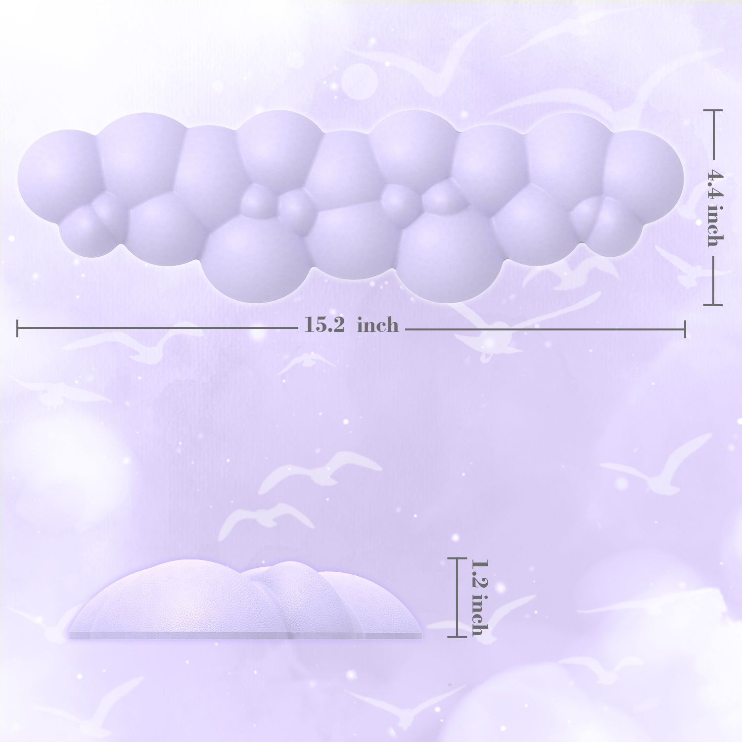 Dimensions of cloud-shaped wrist rest: 15.2x4.4x1.2 inches with soft design.