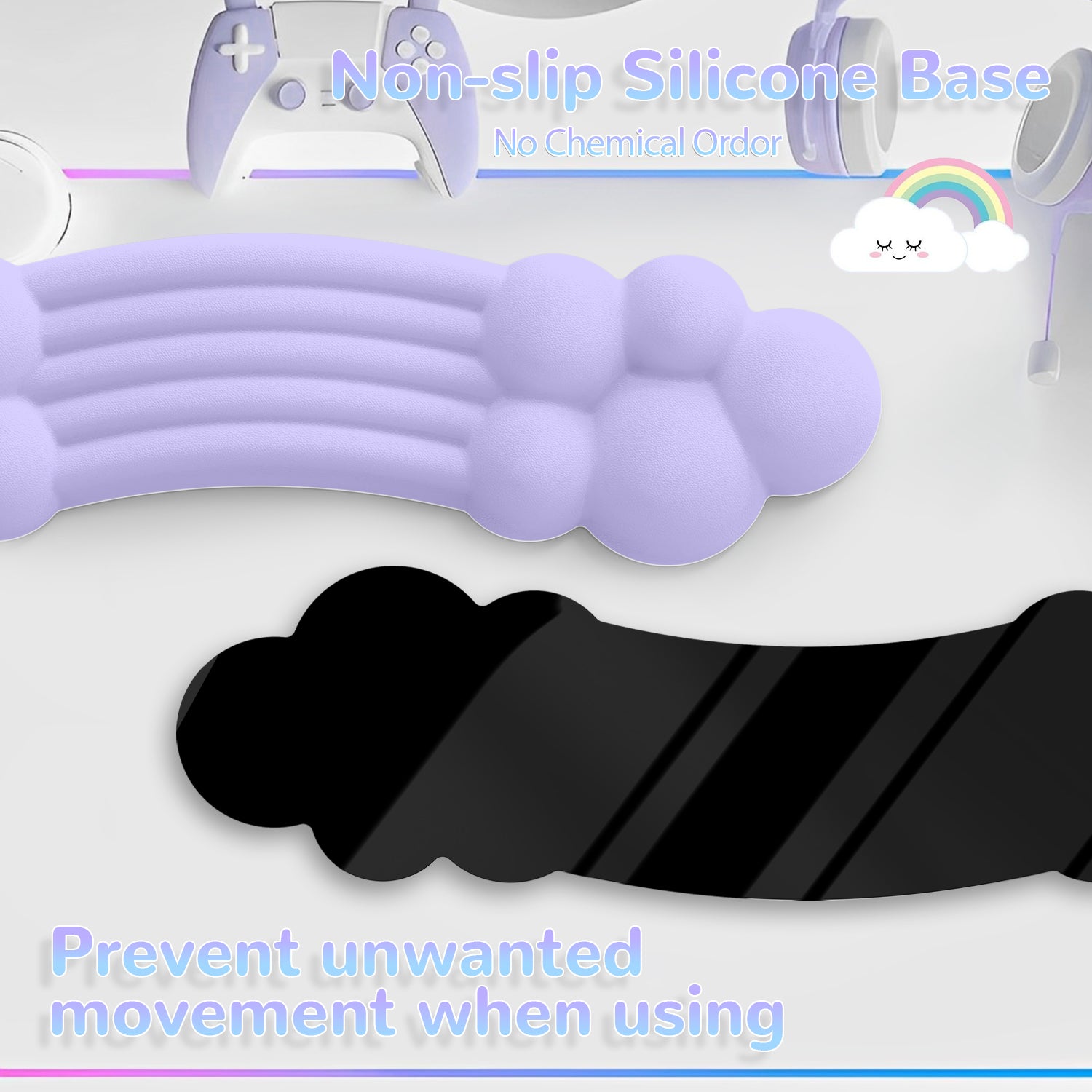 Lavender and black rainbow cloud wrist rests with non-slip base and ergonomic features.