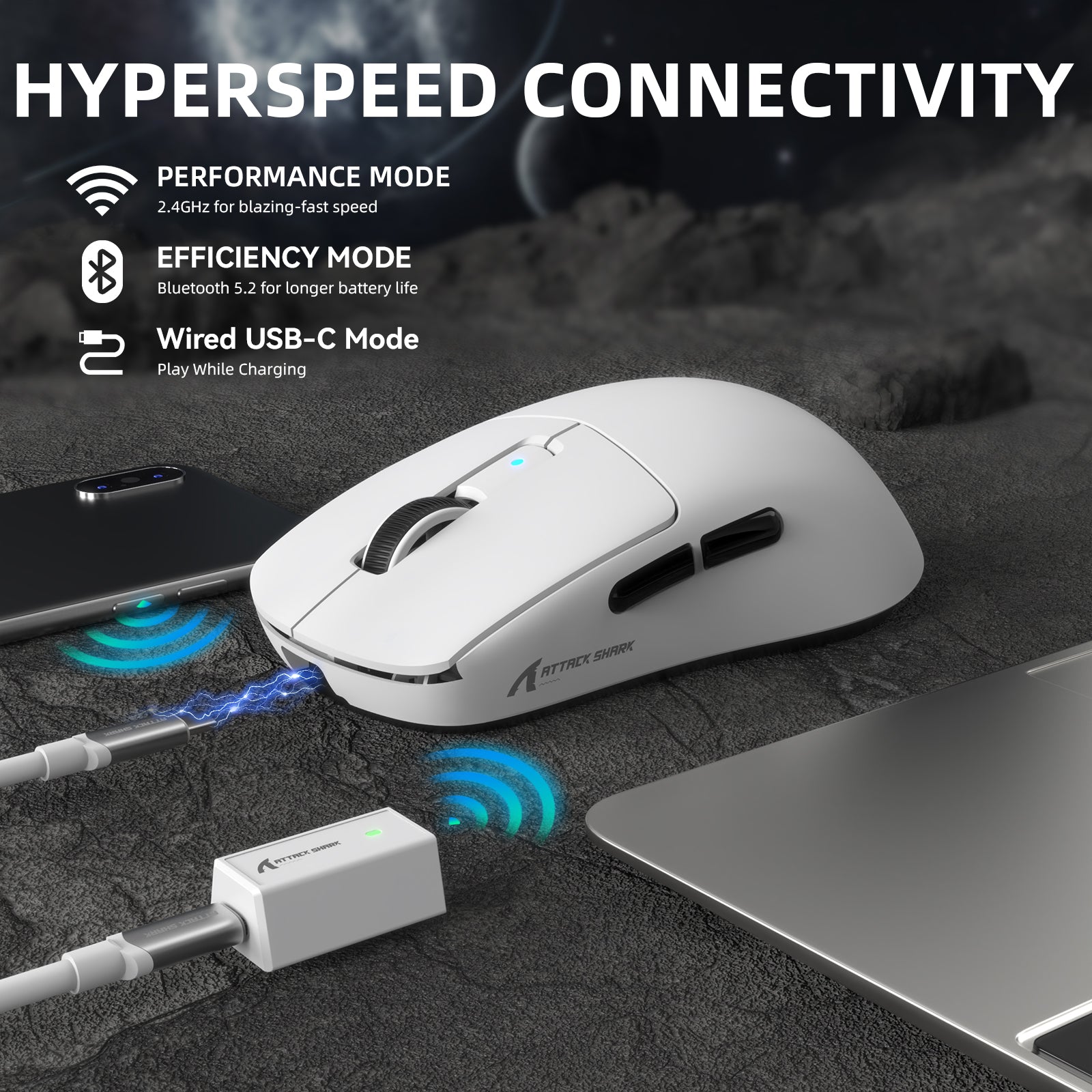 Attack Shark R6PRO gaming mouse with HyperSpeed connectivity using USB-C and Bluetooth 5.2