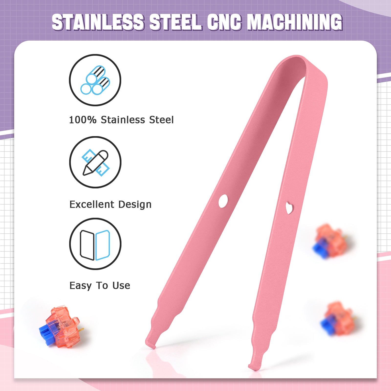 Pink ergonomic stainless steel switch puller for easy mechanical keyboard customization.