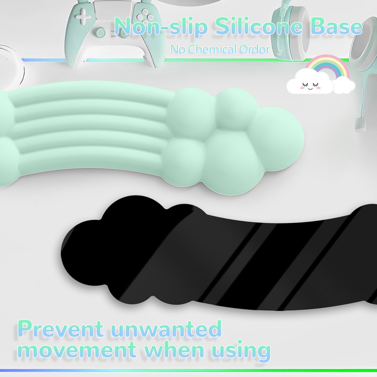 Non-slip silicone base of rainbow cloud wrist rest ensuring stable use and comfort.