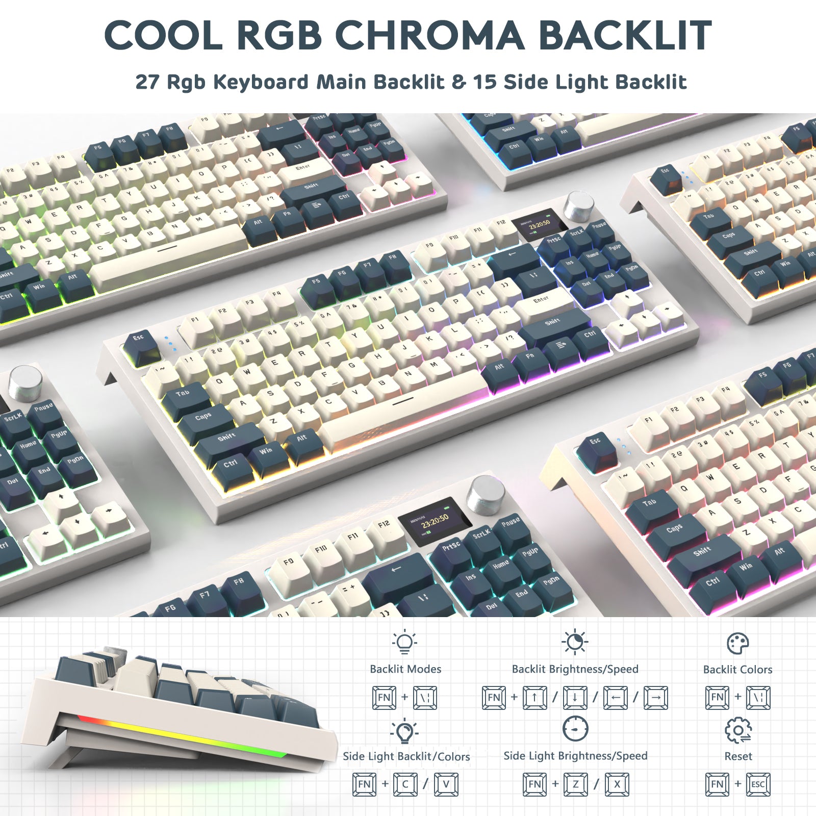 K86PRO keyboard with 27 RGB backlit colors and 15 side light settings for vibrant lighting effects.