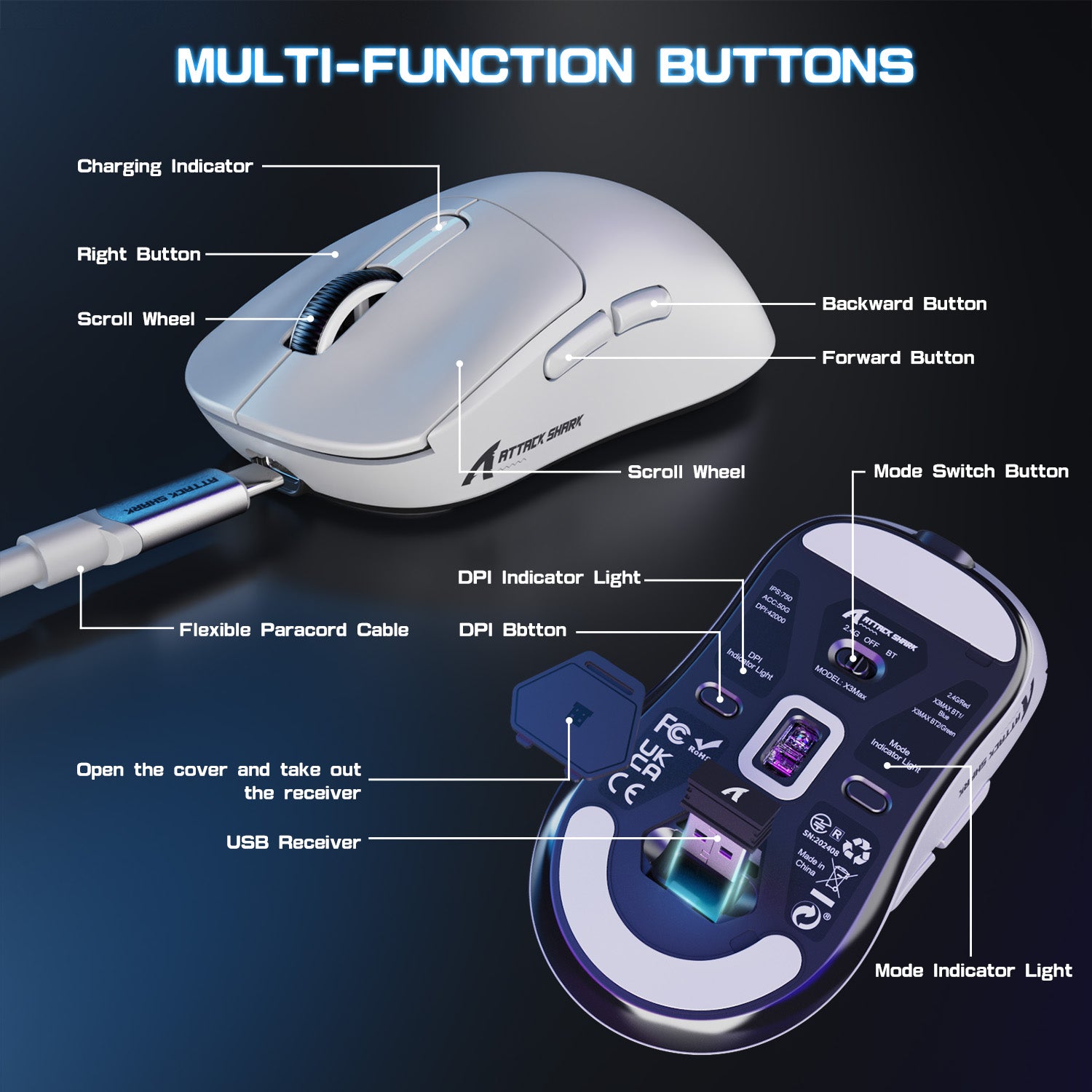 Attack Shark X3MAX gaming mouse with labeled multi-function buttons and USB receiver.