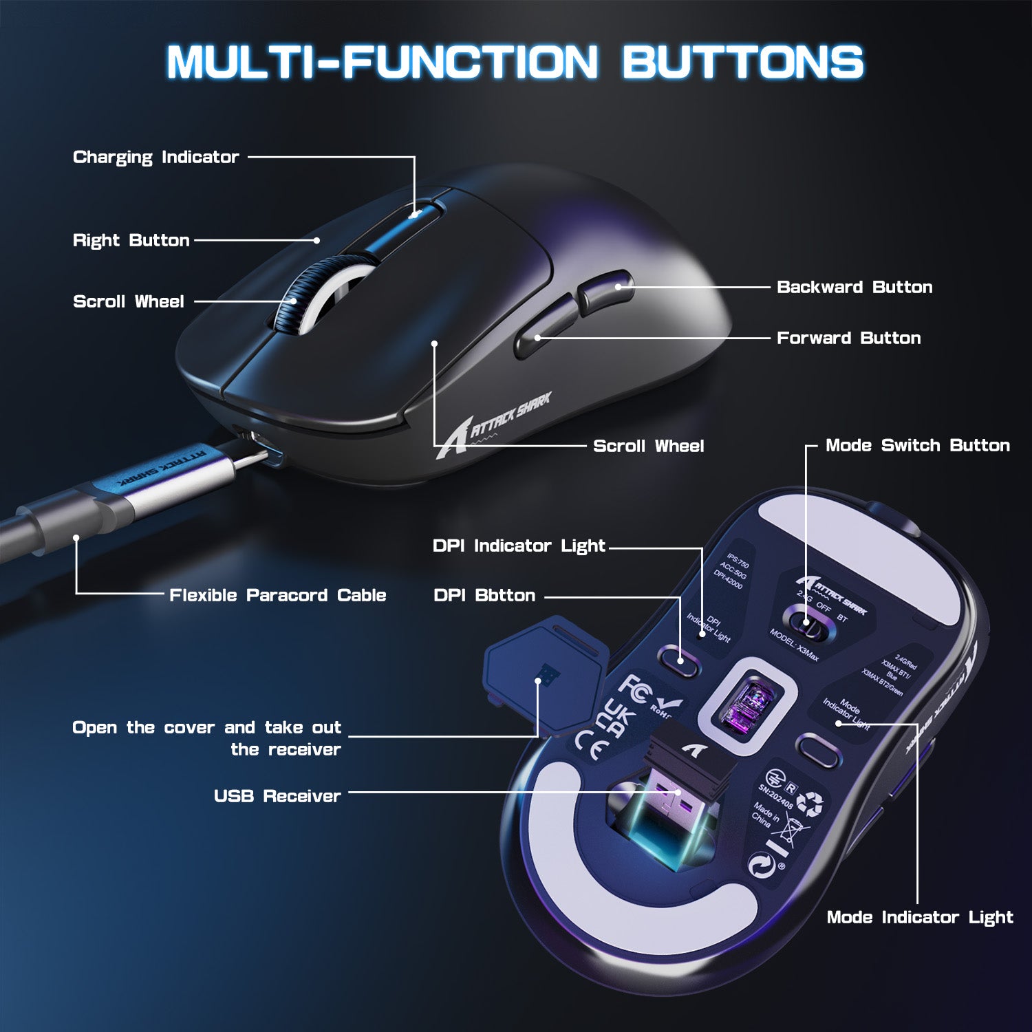 Attack Shark X3MAX wireless gaming mouse with labeled multi-function buttons and USB receiver