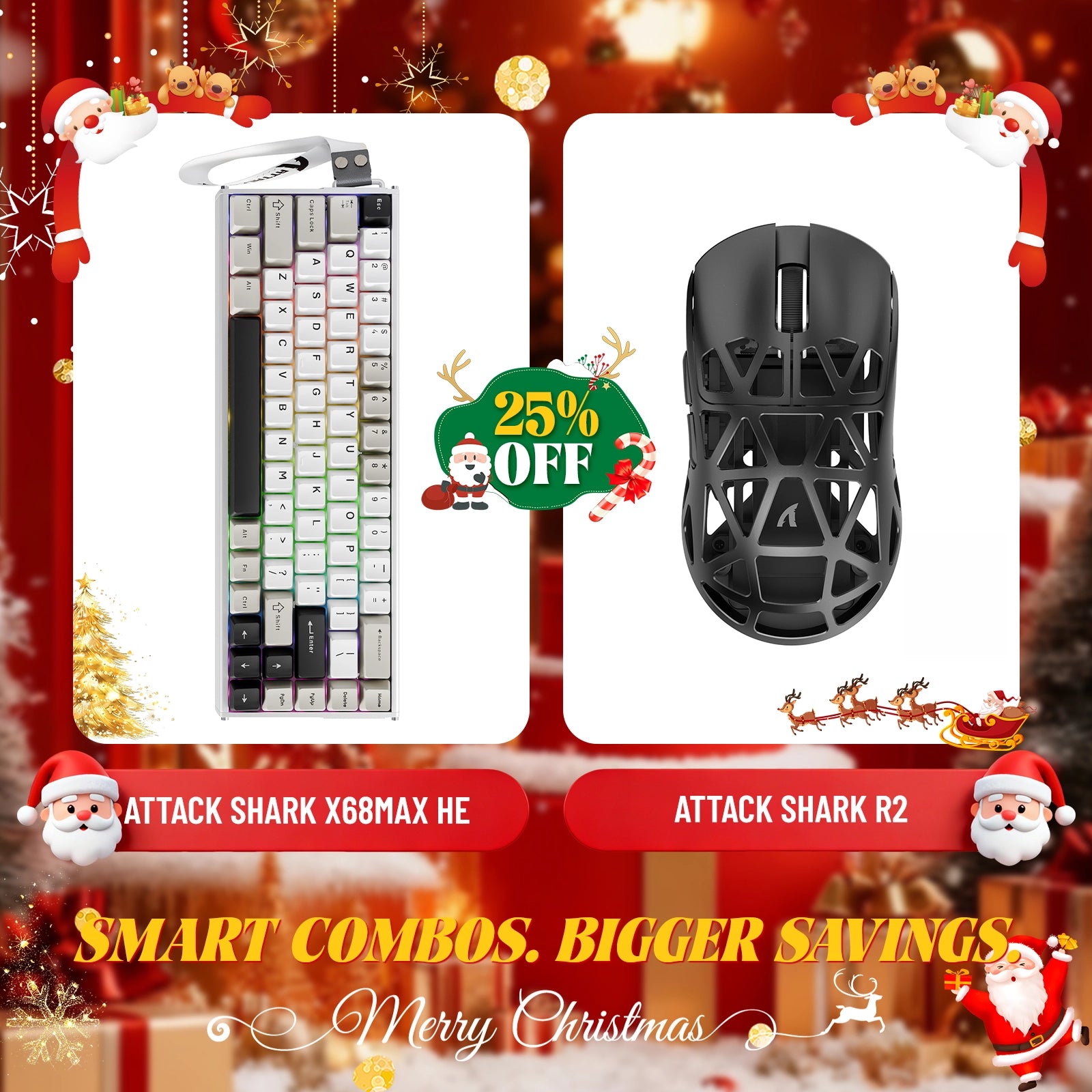 Paquete de teclado de aluminio ATTACK SHARK X68MAX HE con gatillo rápido y ratón inalámbrico para juegos R2 de aleación de magnesio