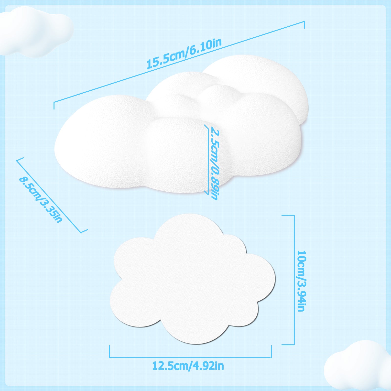 Cloud-shaped wrist rest and coaster dimensions on a light blue background