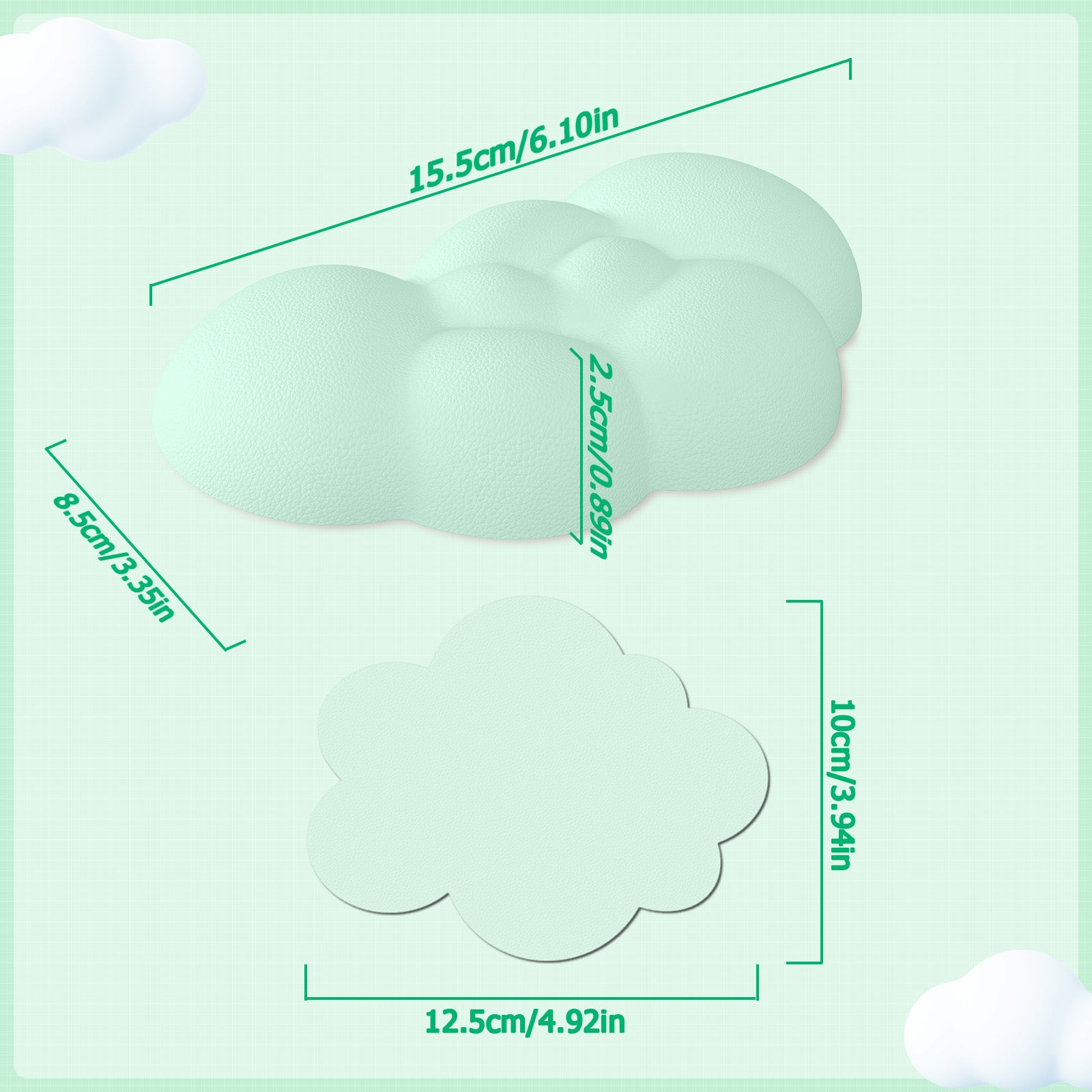 Mint green cloud wrist rest and coaster dimensions on light background.