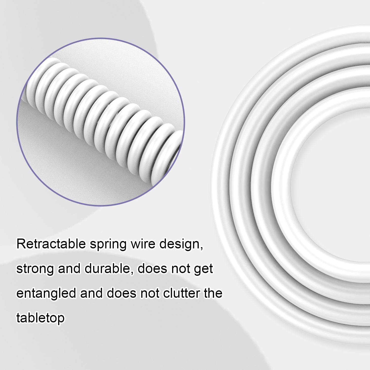 Flexible coiled USB-C keyboard cable, durable design prevents tangling.