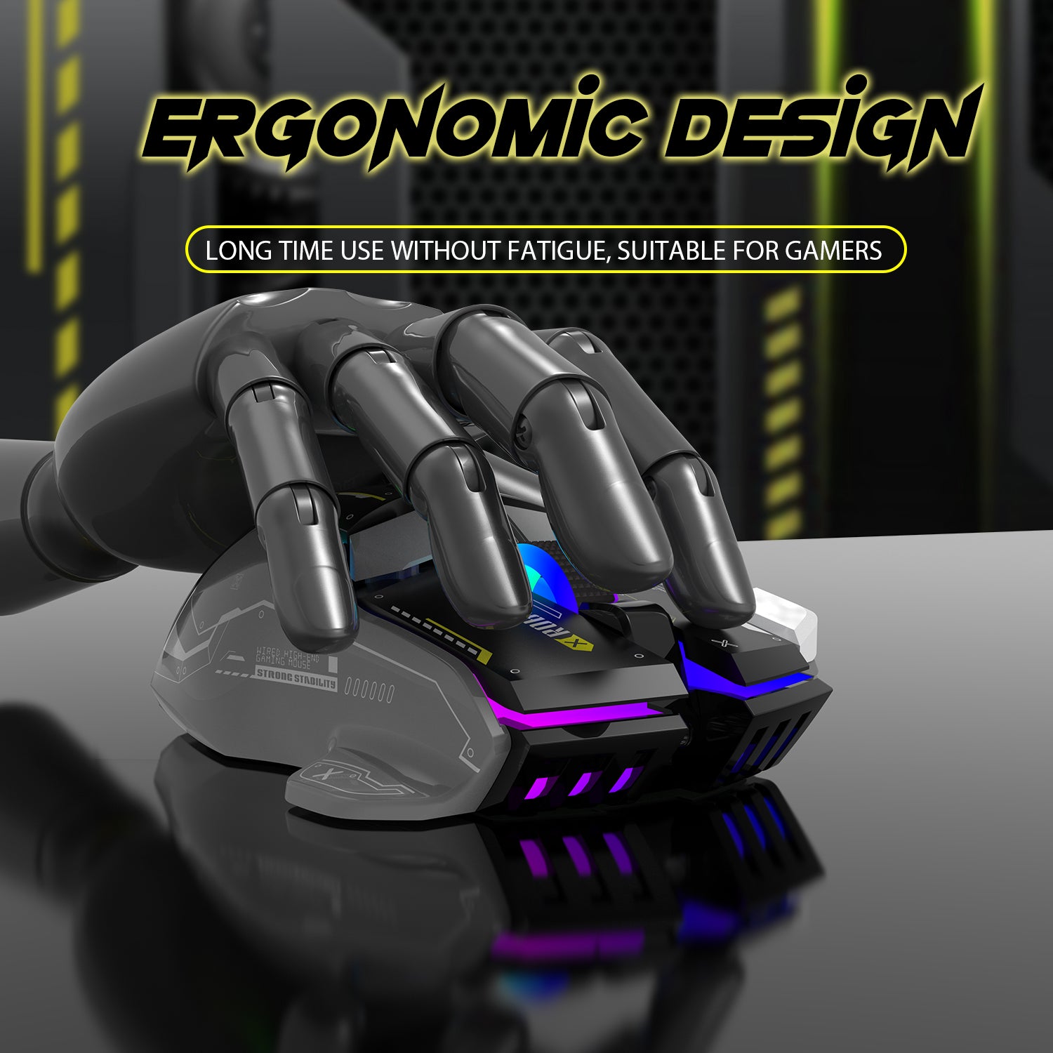 G6 ergonomic gaming mouse beside robotic hand, promoting long-term use for gamers.