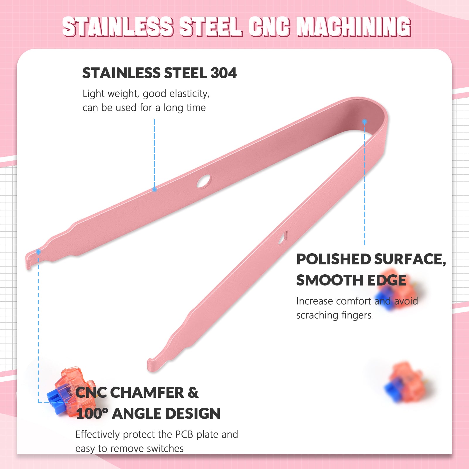 Pink stainless steel switch puller with ergonomic design for mechanical keyboards.