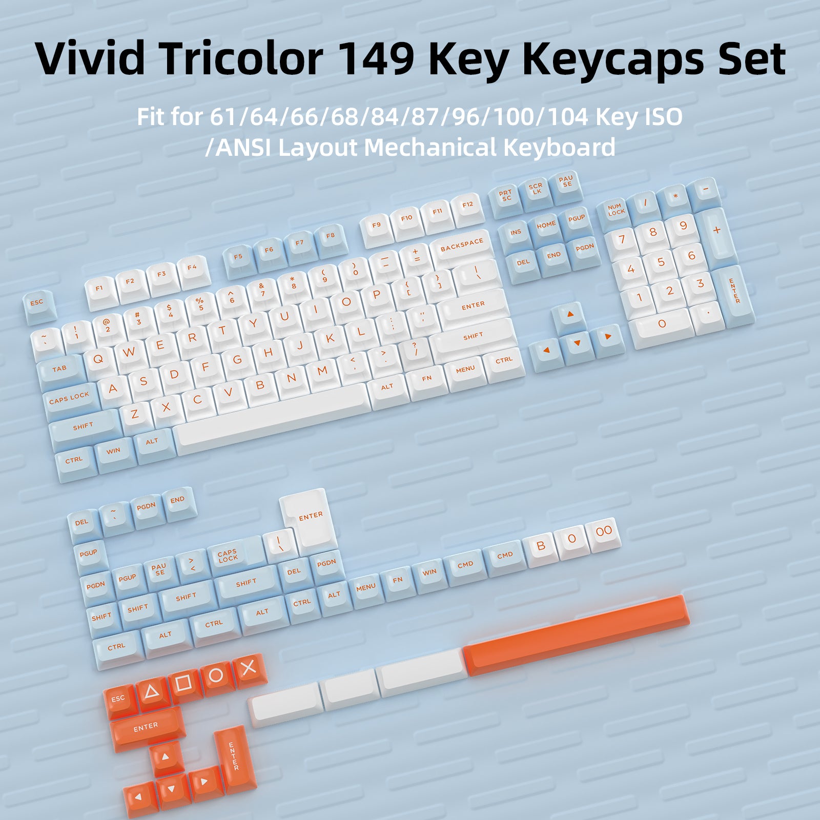 Tricolor 149 keycaps set in blue, white, and red for ANSI mechanical keyboards.