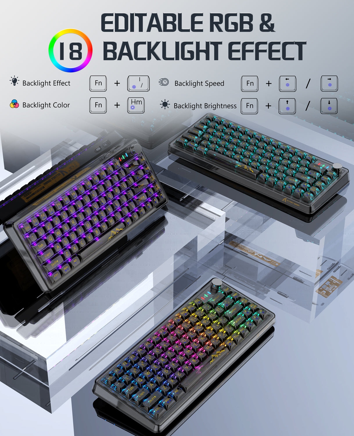 K75 Pro mechanical keyboard with customizable RGB lighting showing 18 backlight effects.