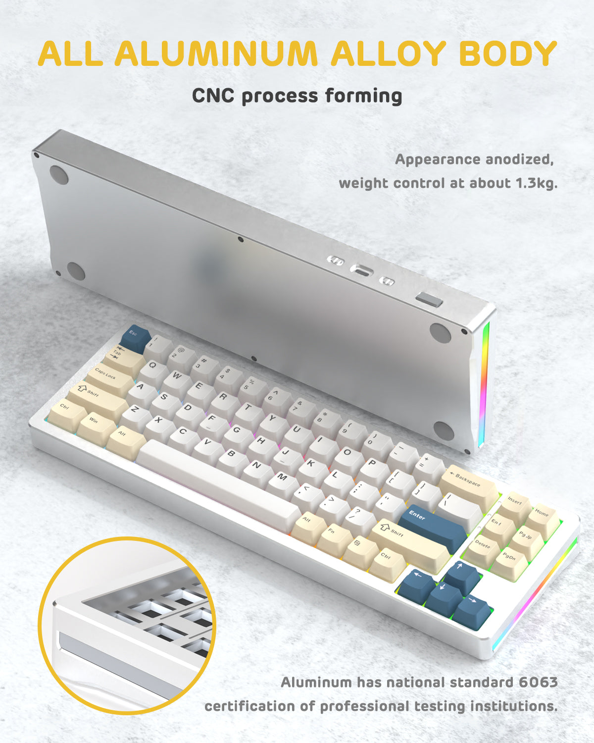 All-aluminum alloy body of Attack Shark M71 keyboard with RGB lighting and PBT keycaps.