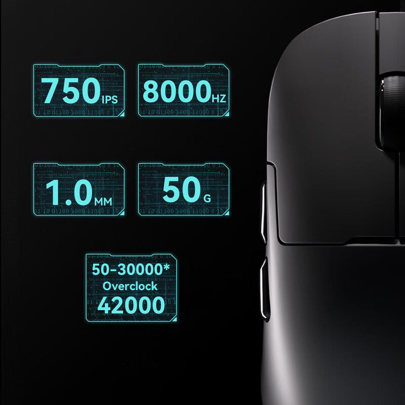 AJAZZ AJ159 APEX gaming mouse specs: 750 IPS, 8000Hz rate, 50g acceleration.