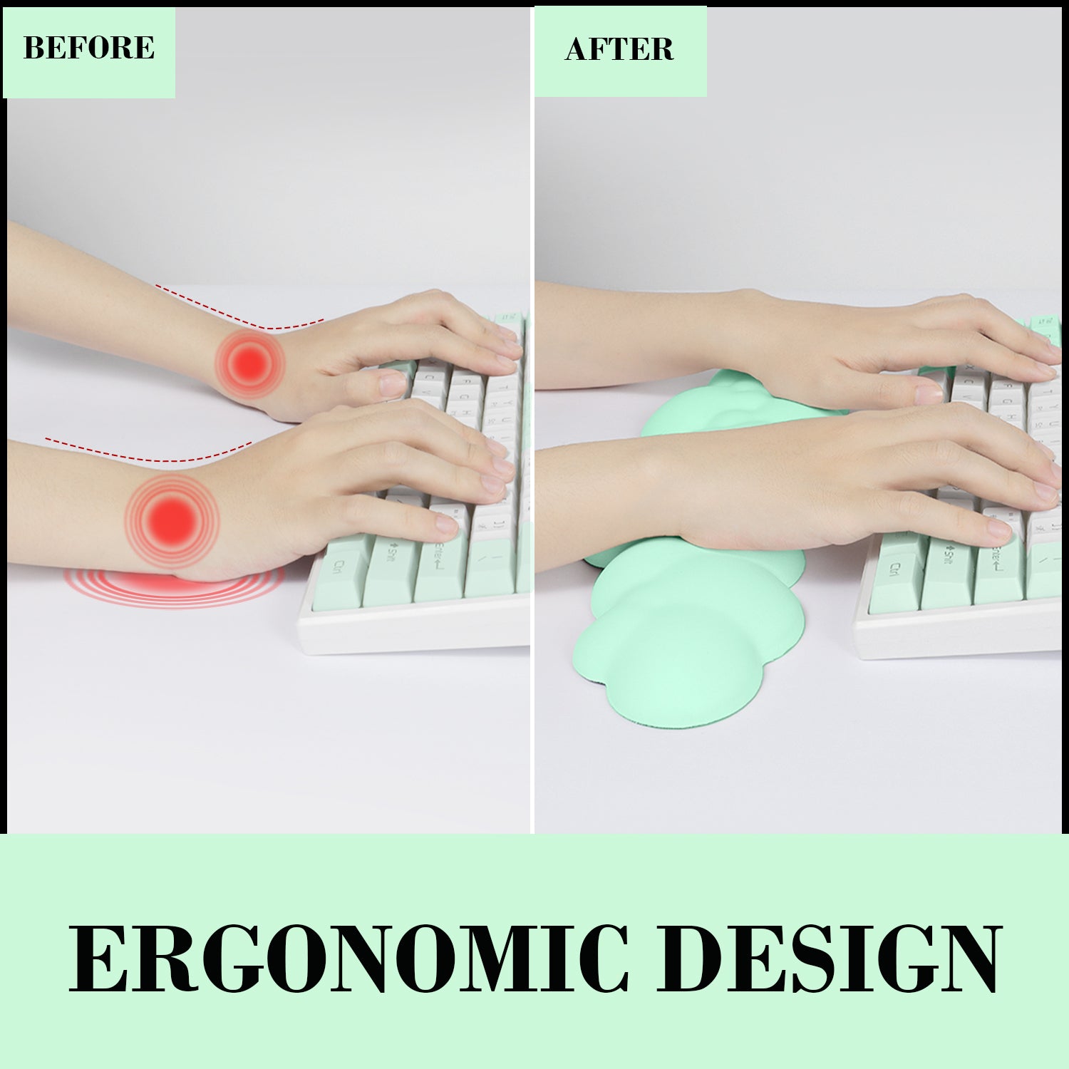 Ergonomic design comparison showing wrist pain relief with cloud-shaped wrist rest.