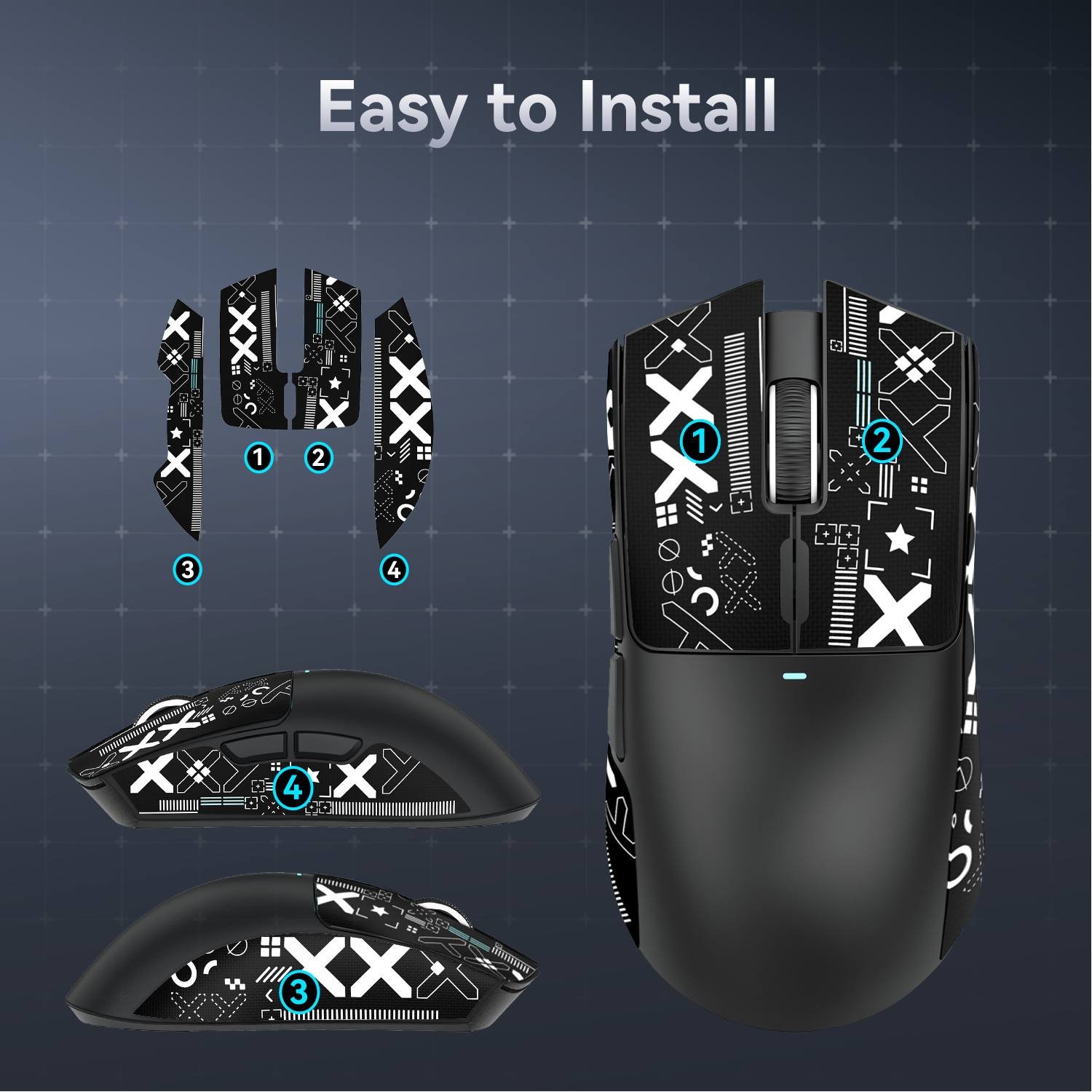 Installation guide for Attack Shark X11 mouse grip tape with easy numbered steps.