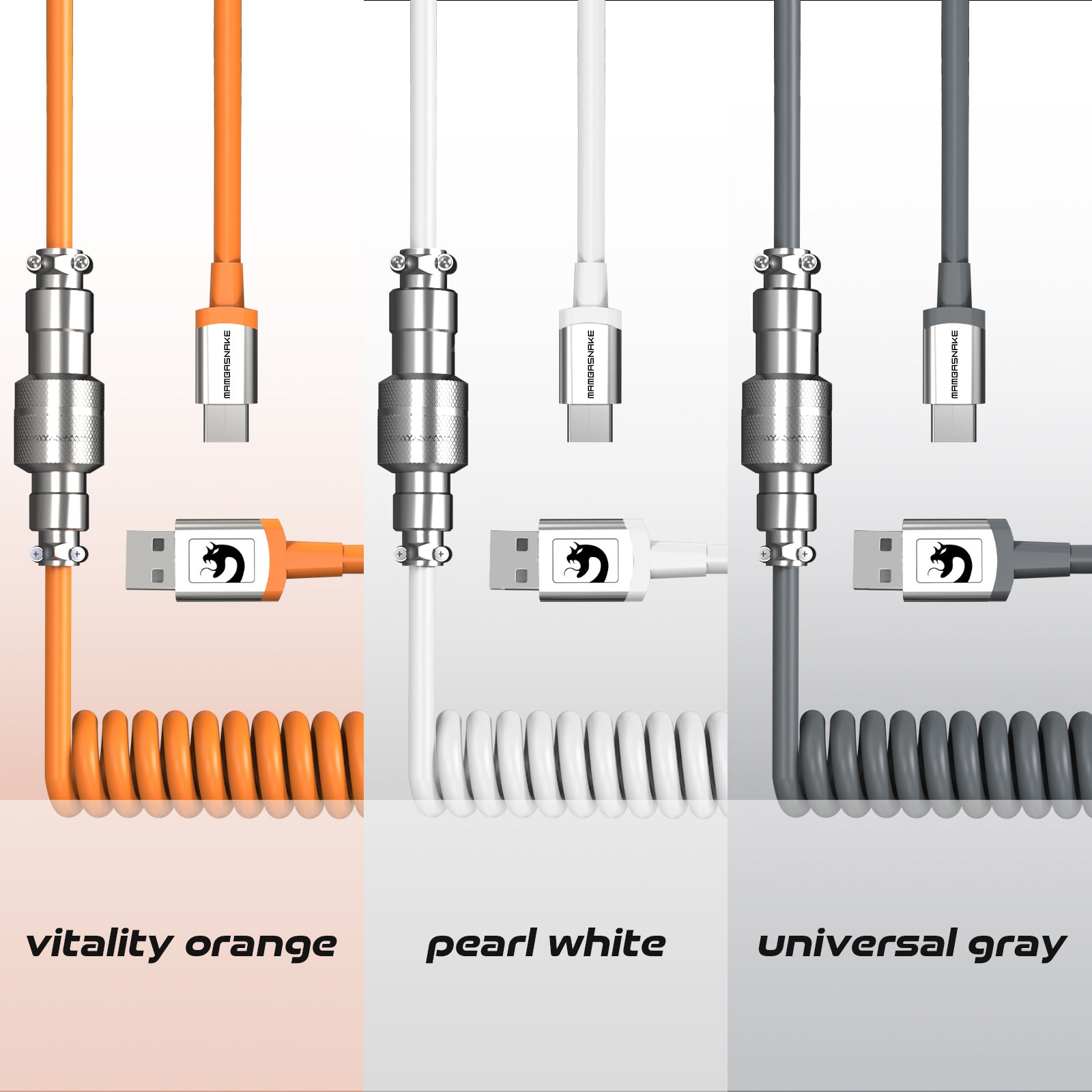 Attack Shark C04 coiled USB cables: Vitality Orange, Pearl White, Universal Gray.