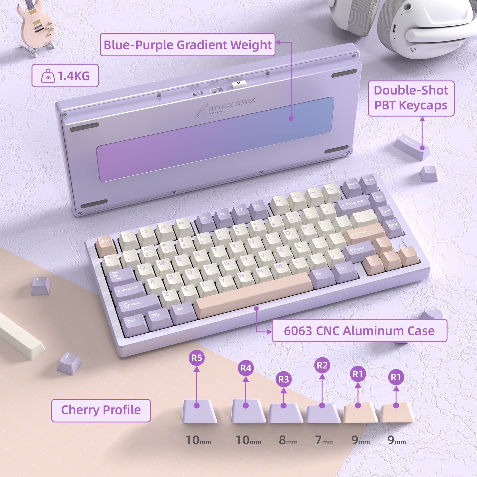 ATTACK SHARK X75 keyboard with blue-purple gradient weight and double-shot PBT keycaps.