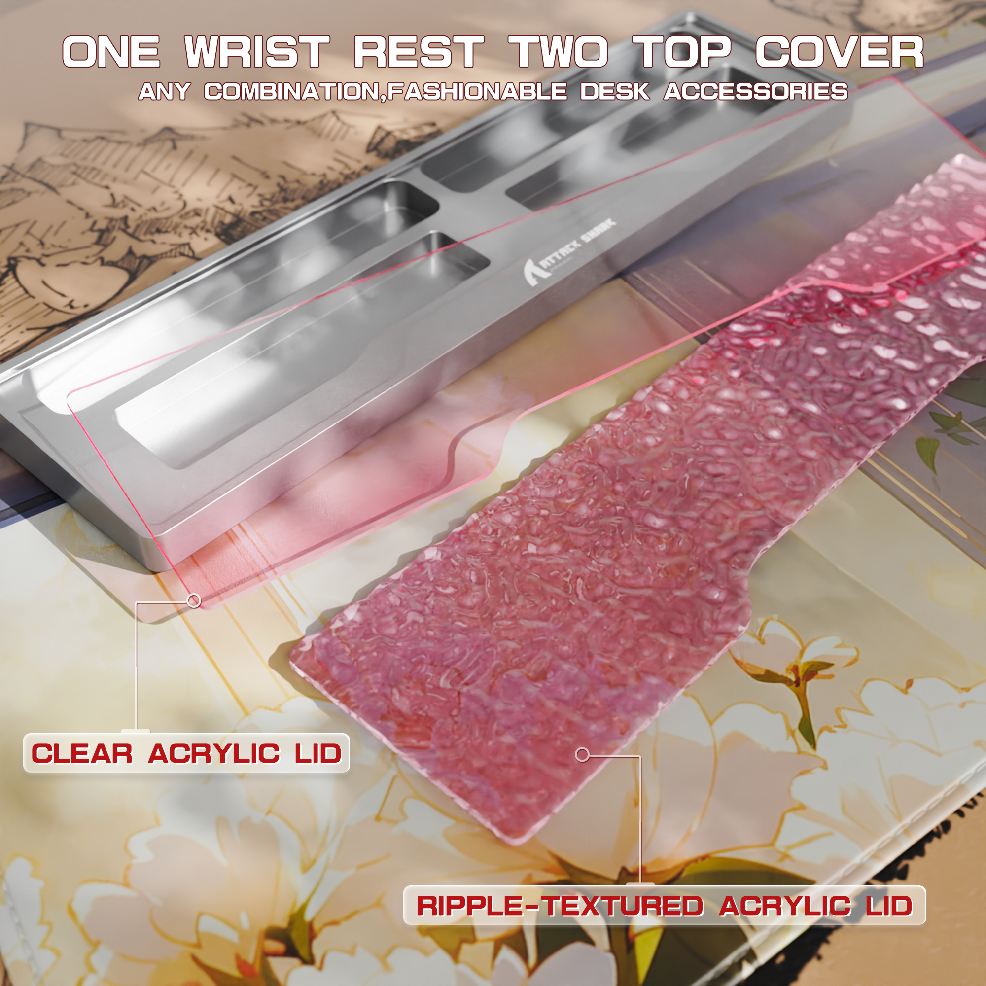 Clear and ripple-textured acrylic lids for Attack Shark wrist rest on floral background.