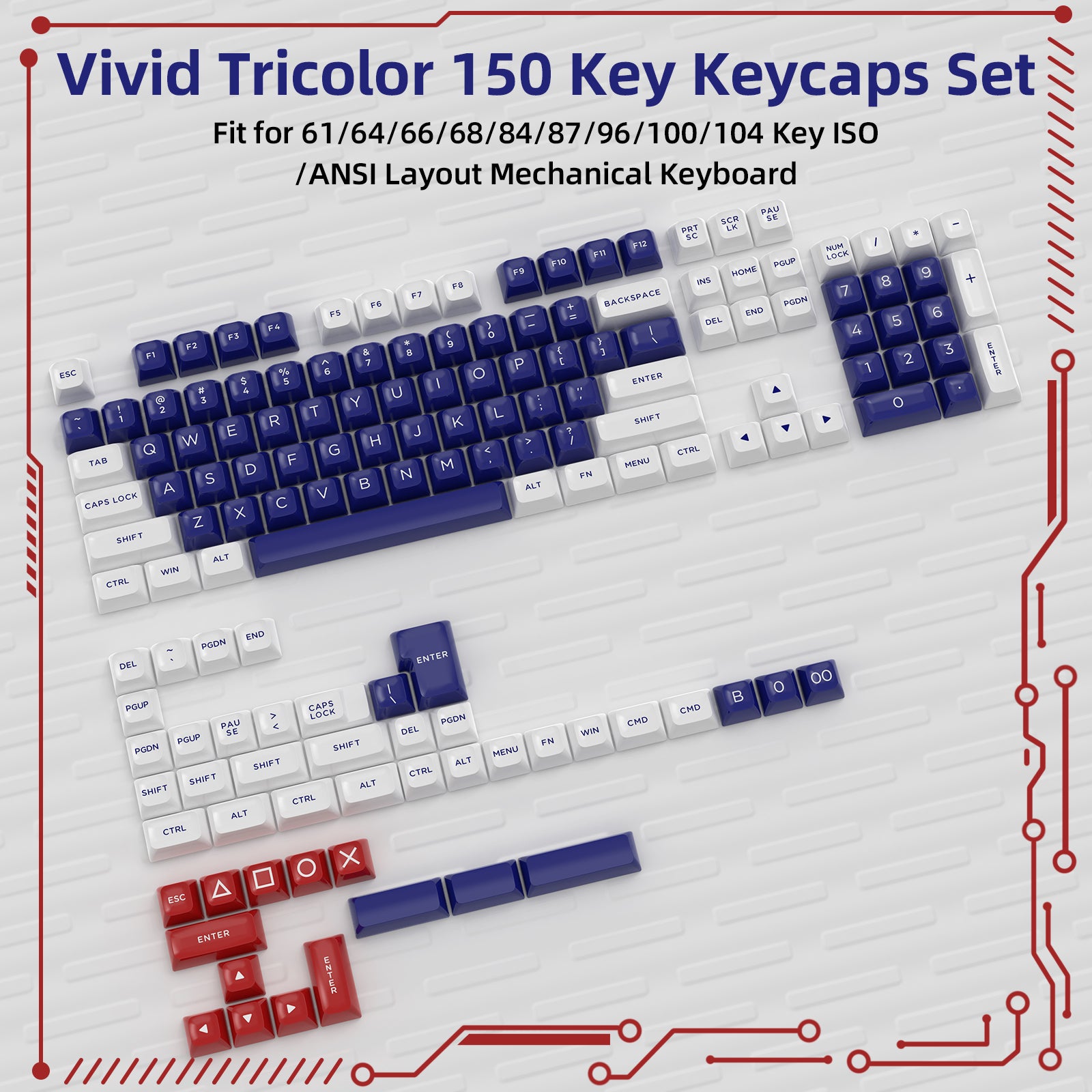 Vivid tricolor 150 key keycaps set in blue, white, and red for ANSI layout keyboards.