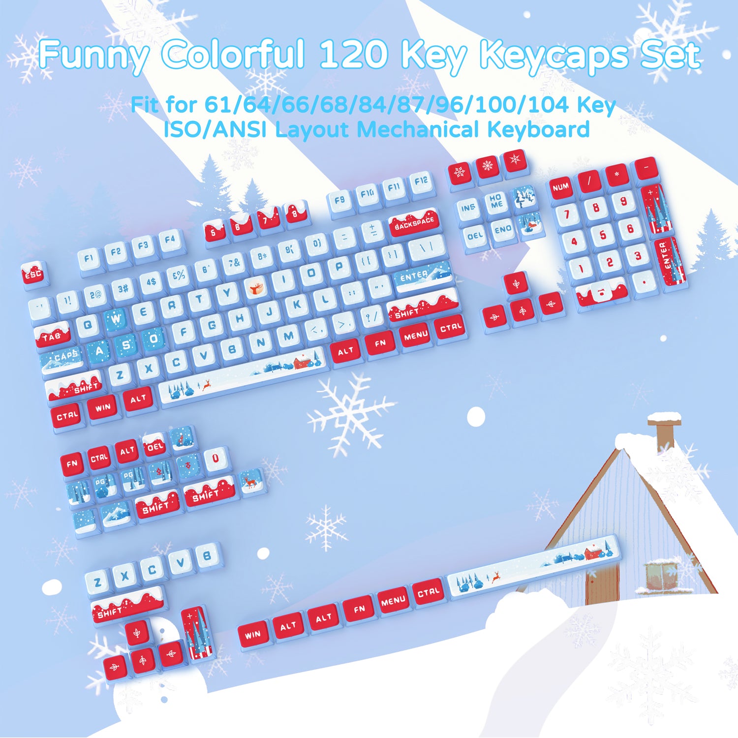 Winter-themed colorful 120-key keycap set for mechanical keyboards with snowy designs.