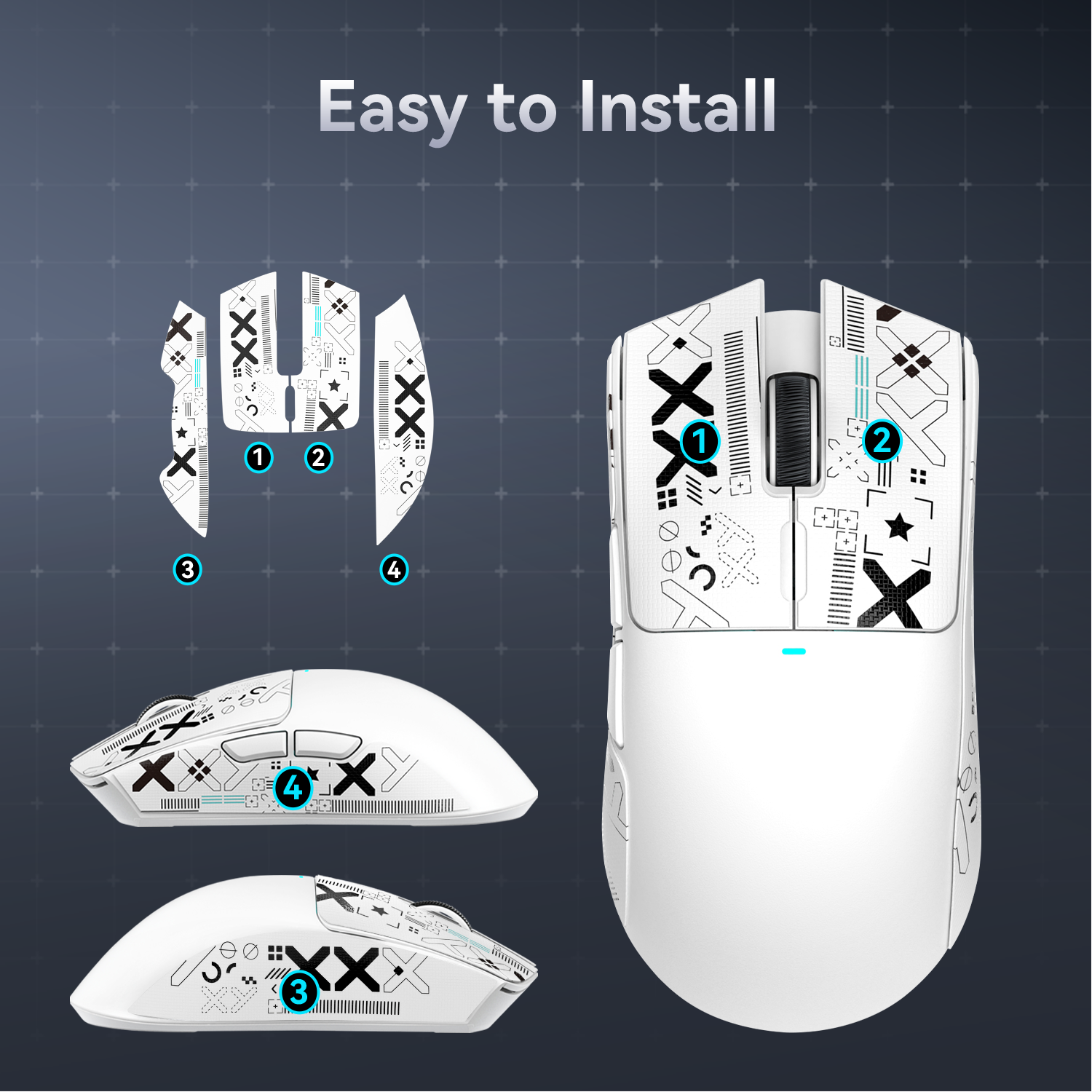 Installation guide for X11 gaming mouse grip tape featuring numbered steps.