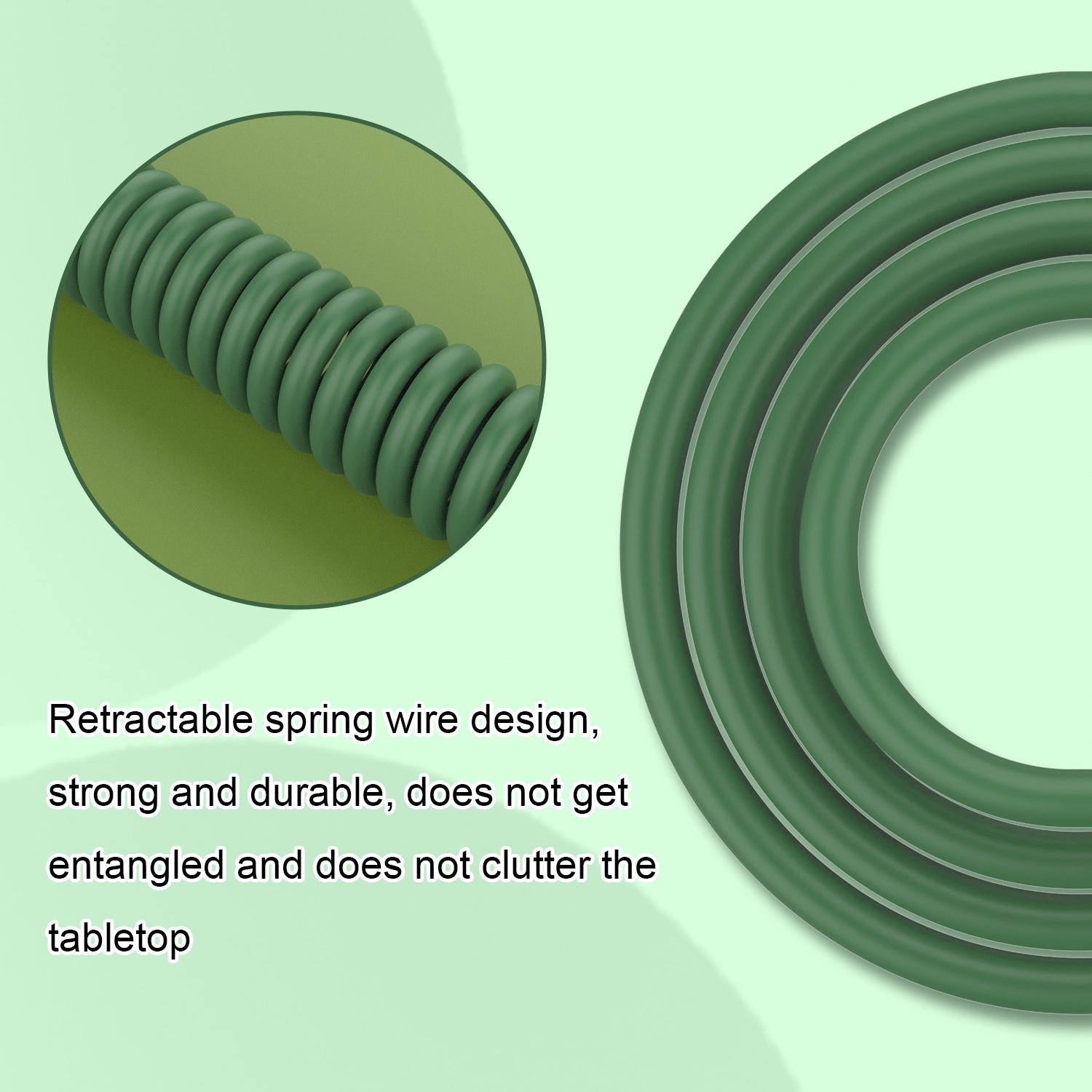 Durable green coiled USB-C keyboard cable with retractable spring design to prevent clutter.