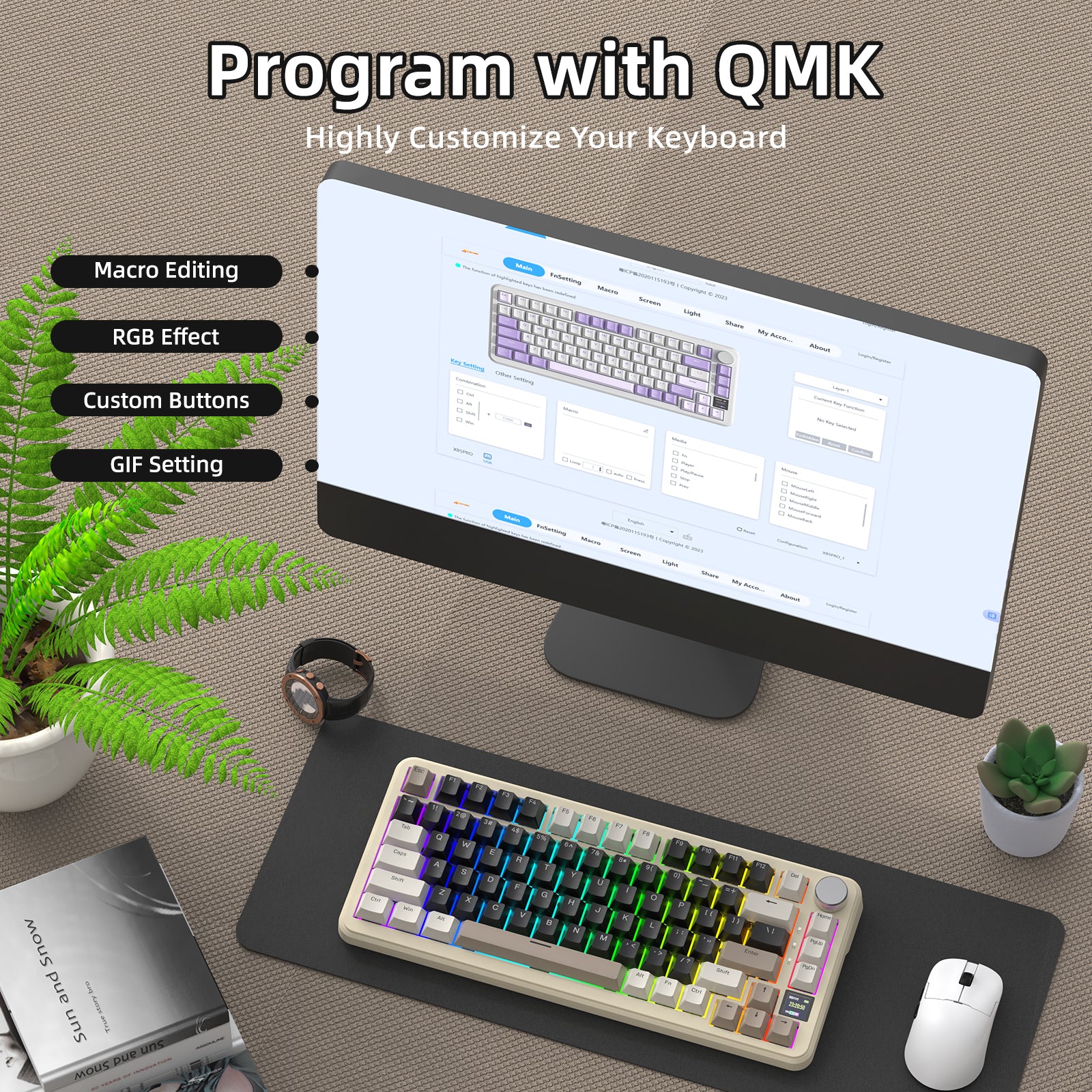 ATTACK SHARK X85PRO keyboard with QMK settings on screen showcasing macro and RGB customization.