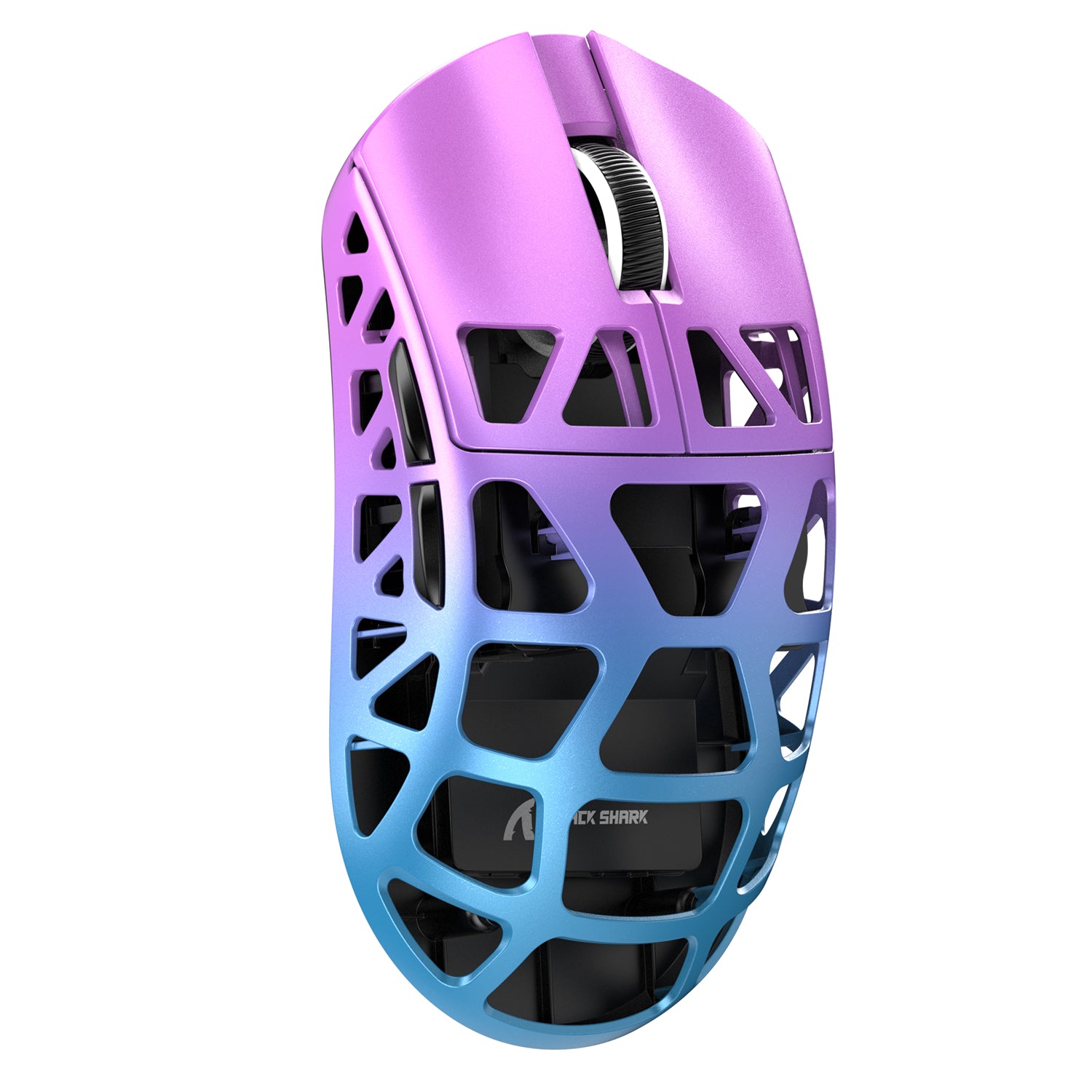 Attack Shark R3 Gaming Mouse in purple-blue gradient with unique holey shell design.