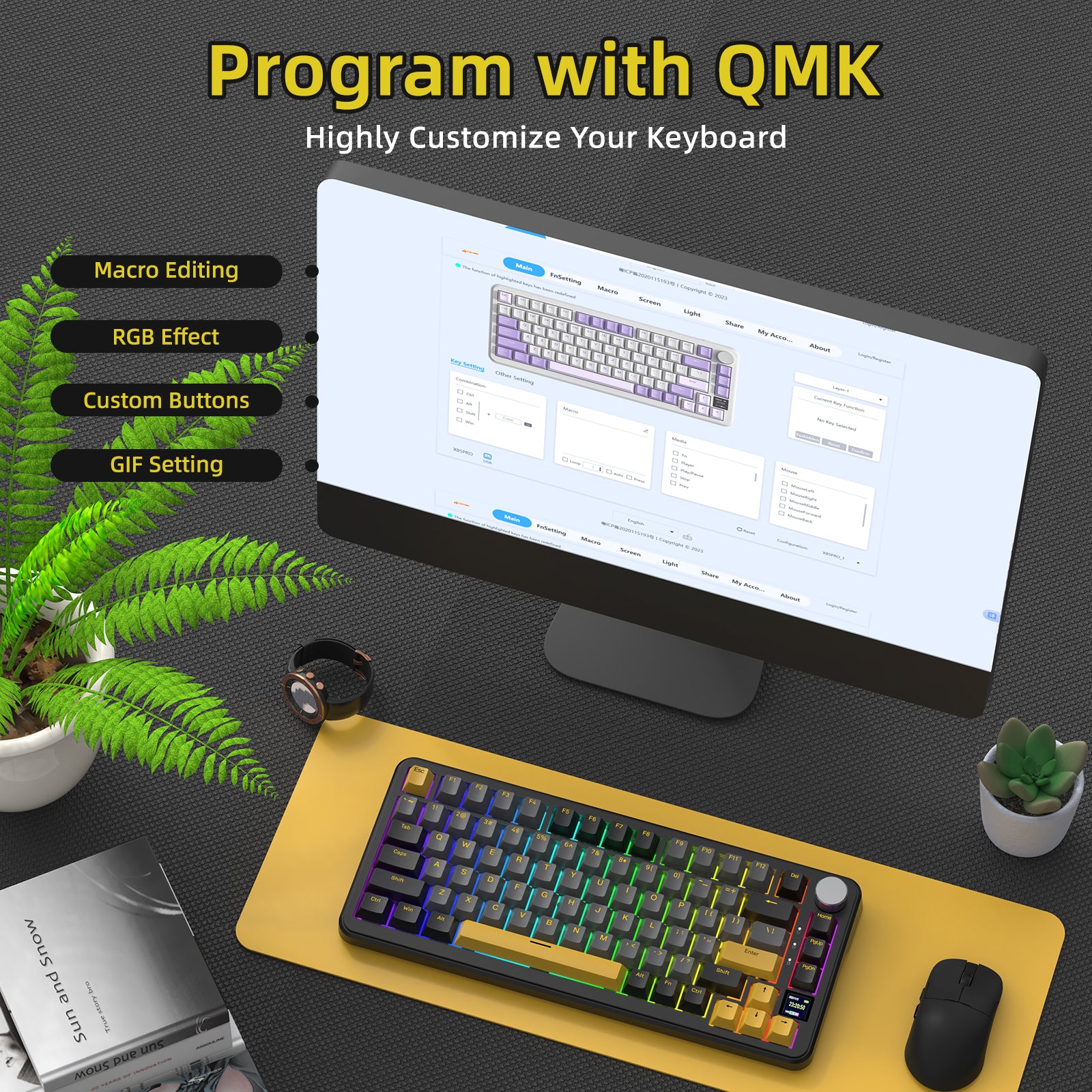 Customizable ATTACK SHARK X85PRO keyboard interface showcasing QMK features