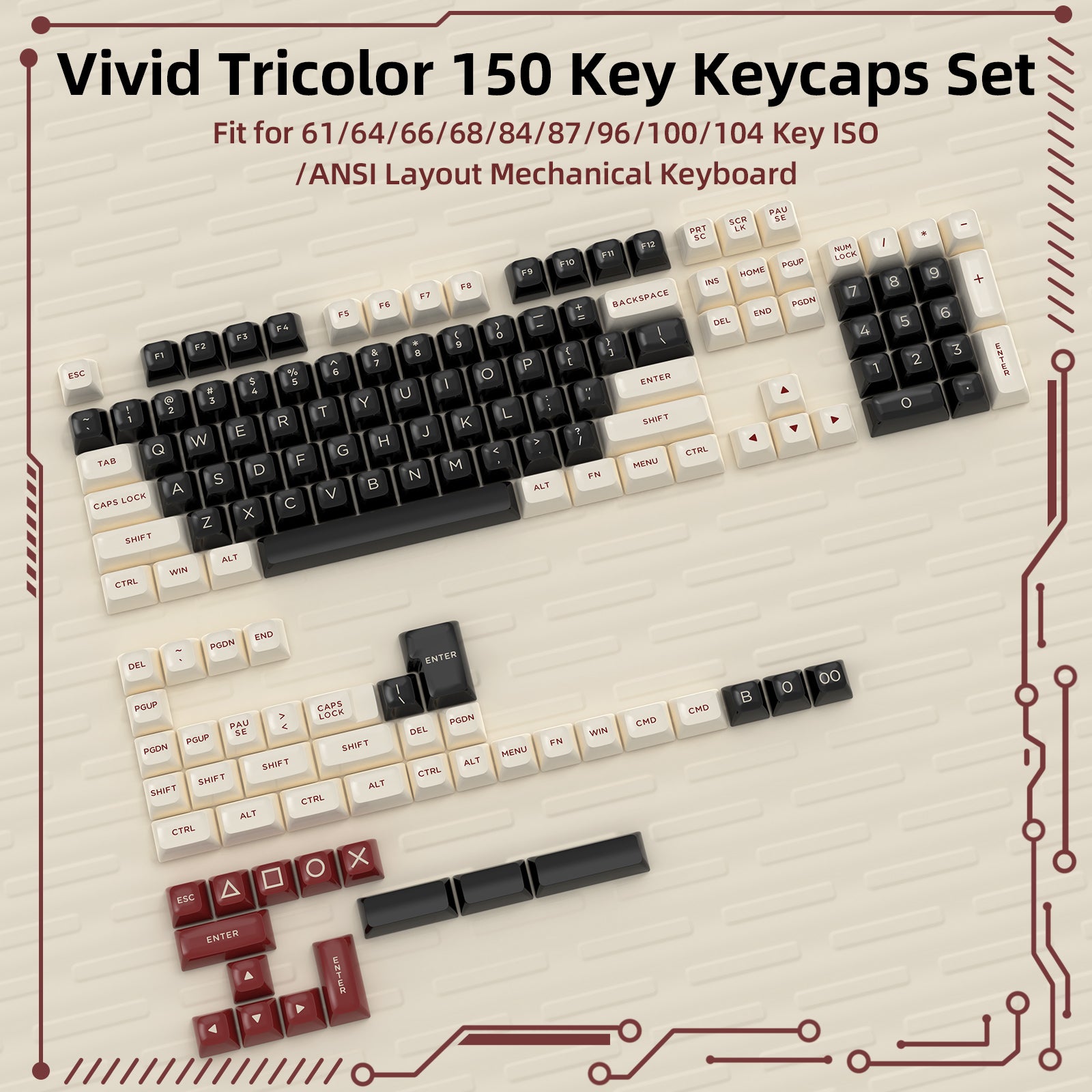 150 key PBT keycaps set in black, cream, and red for mechanical keyboards.