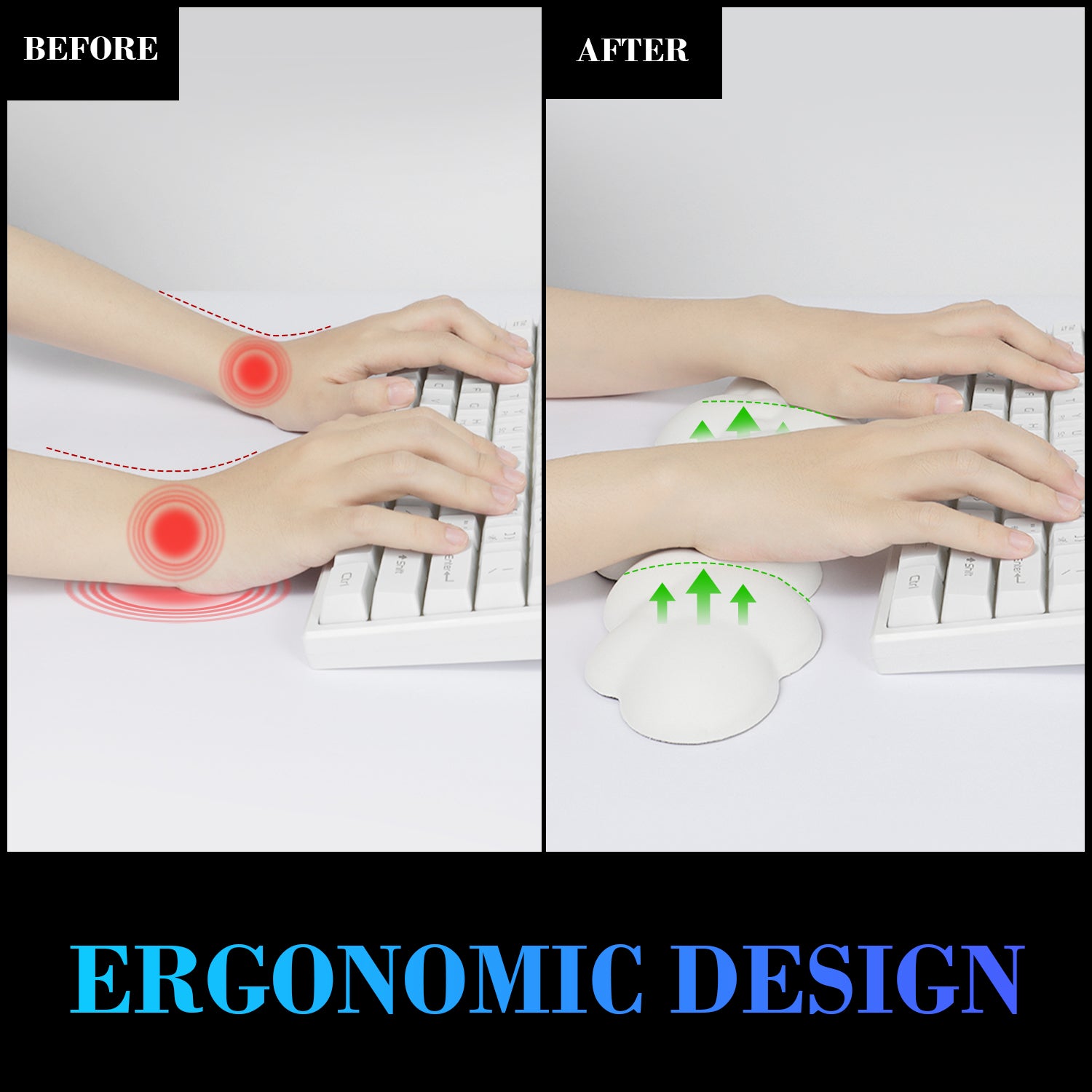 Before and after ergonomic wrist rest use showing relief from wrist strain.