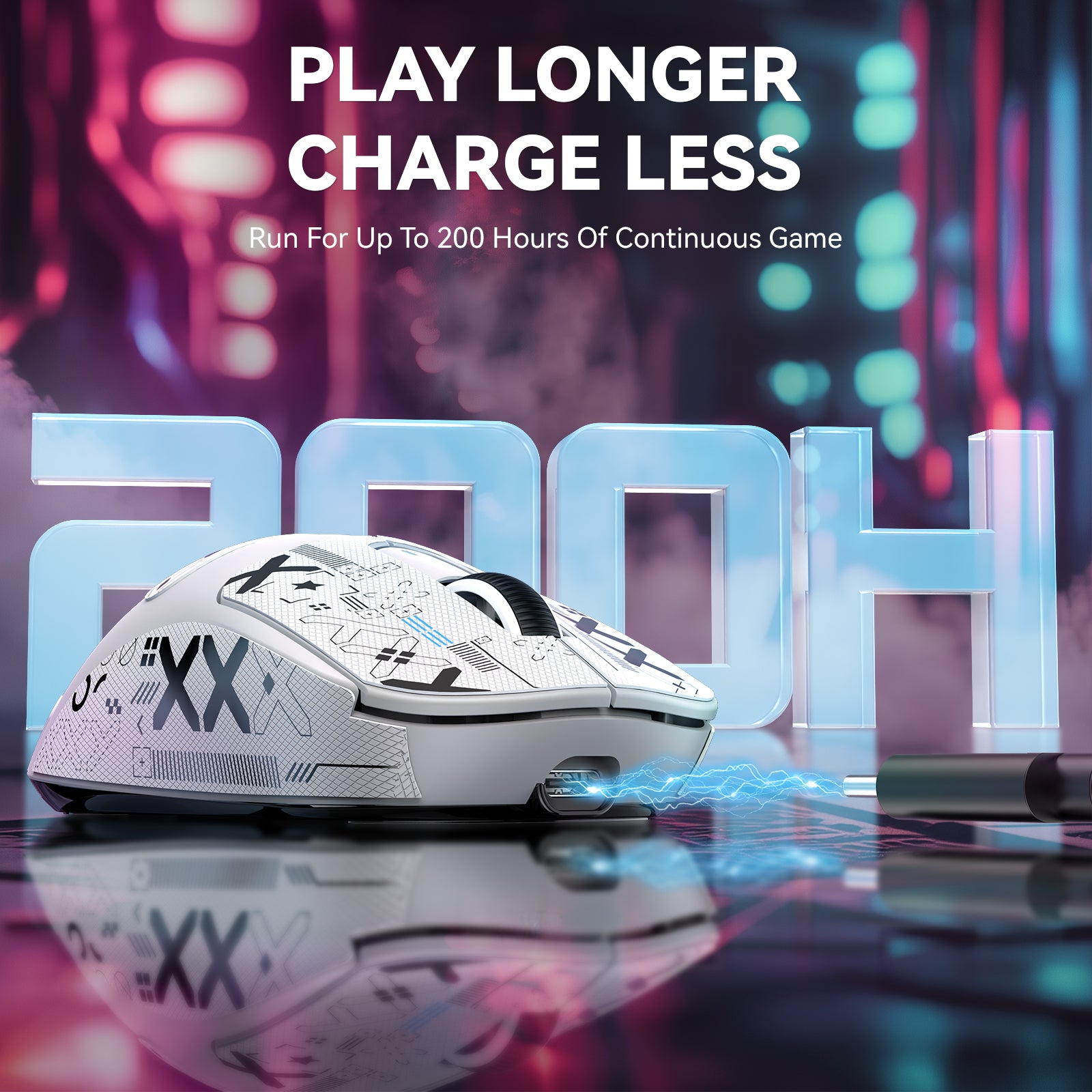 X3MAX gaming mouse in white with 'PLAY LONGER CHARGE LESS' text and 200H battery life.