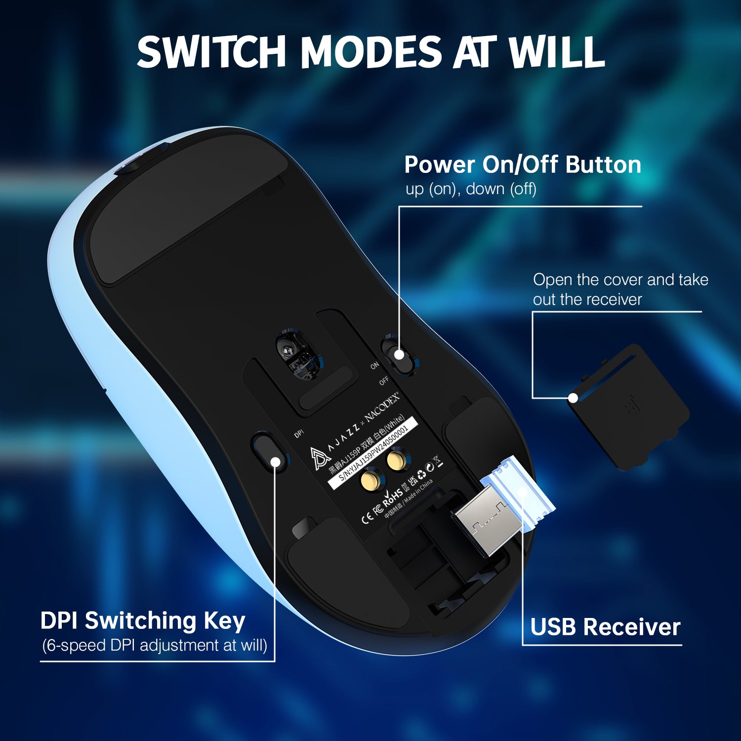 Bottom view of AJAZZ gaming mouse with power button, DPI switch, and USB receiver storage.