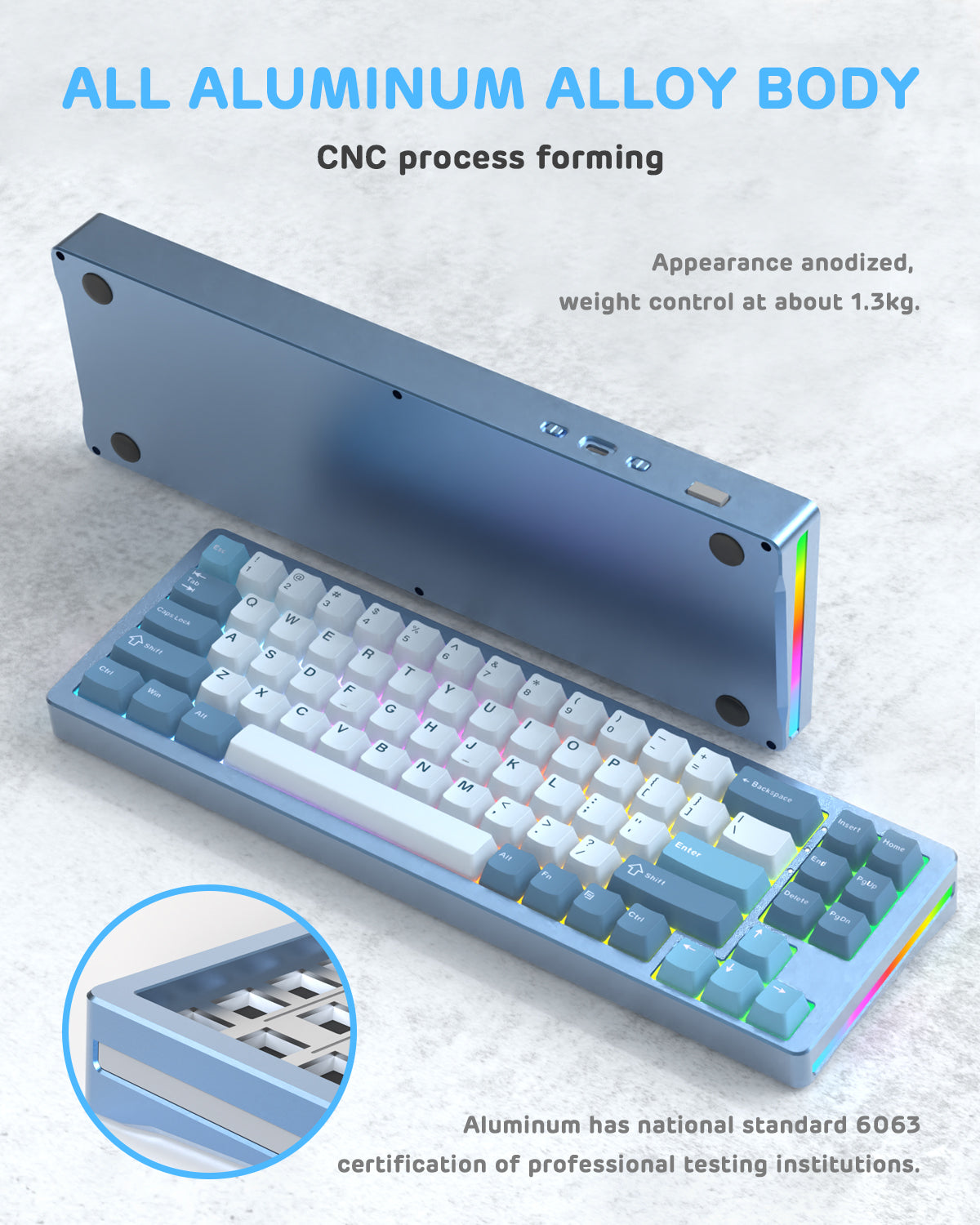 CNC aluminum alloy Attack Shark M71 keyboard with colorful RGB lighting and PBT keycaps.