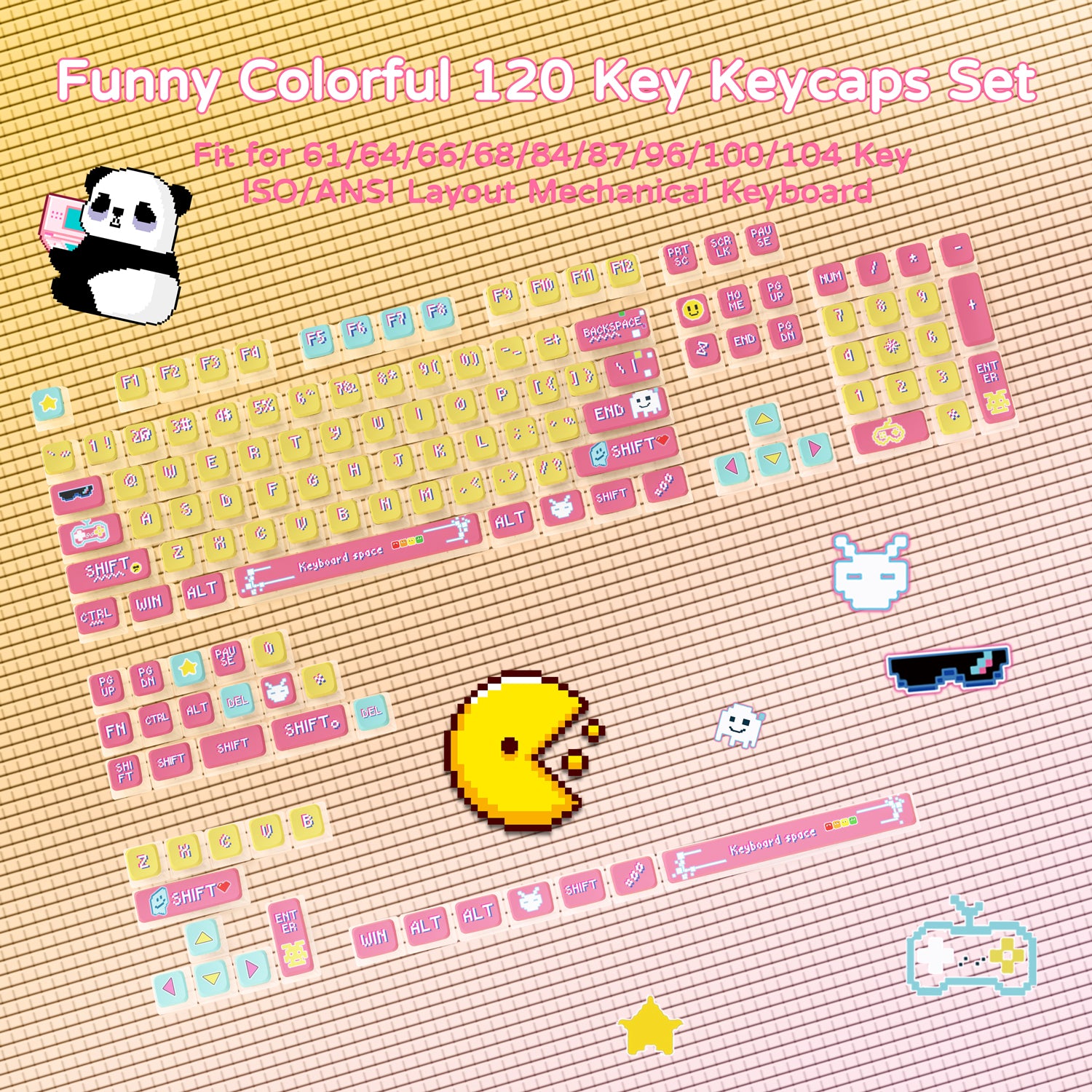 Colorful 120 key keycap set with funny designs for mechanical keyboards.