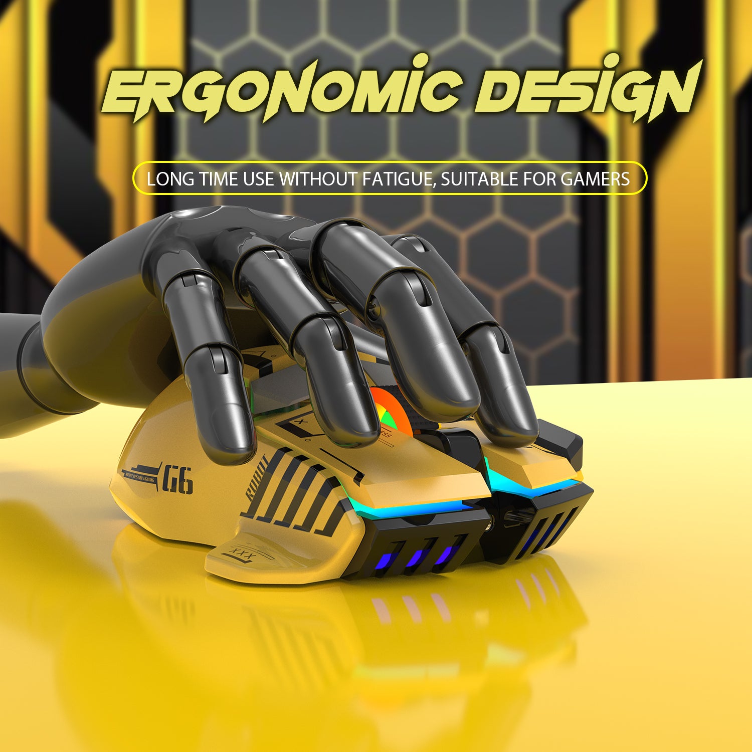 Attack Shark G6 yellow gaming mouse with ergonomic design and robotic hand background.