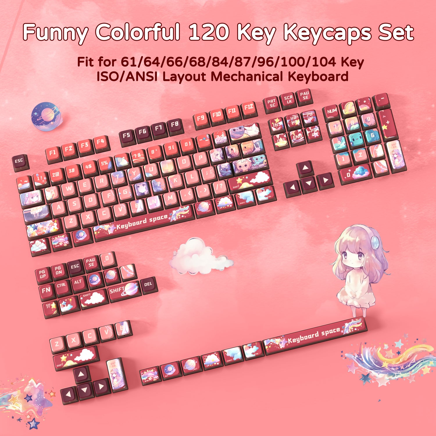 Funny colorful 120 key keycaps set with cloud and character designs for mechanical keyboards.