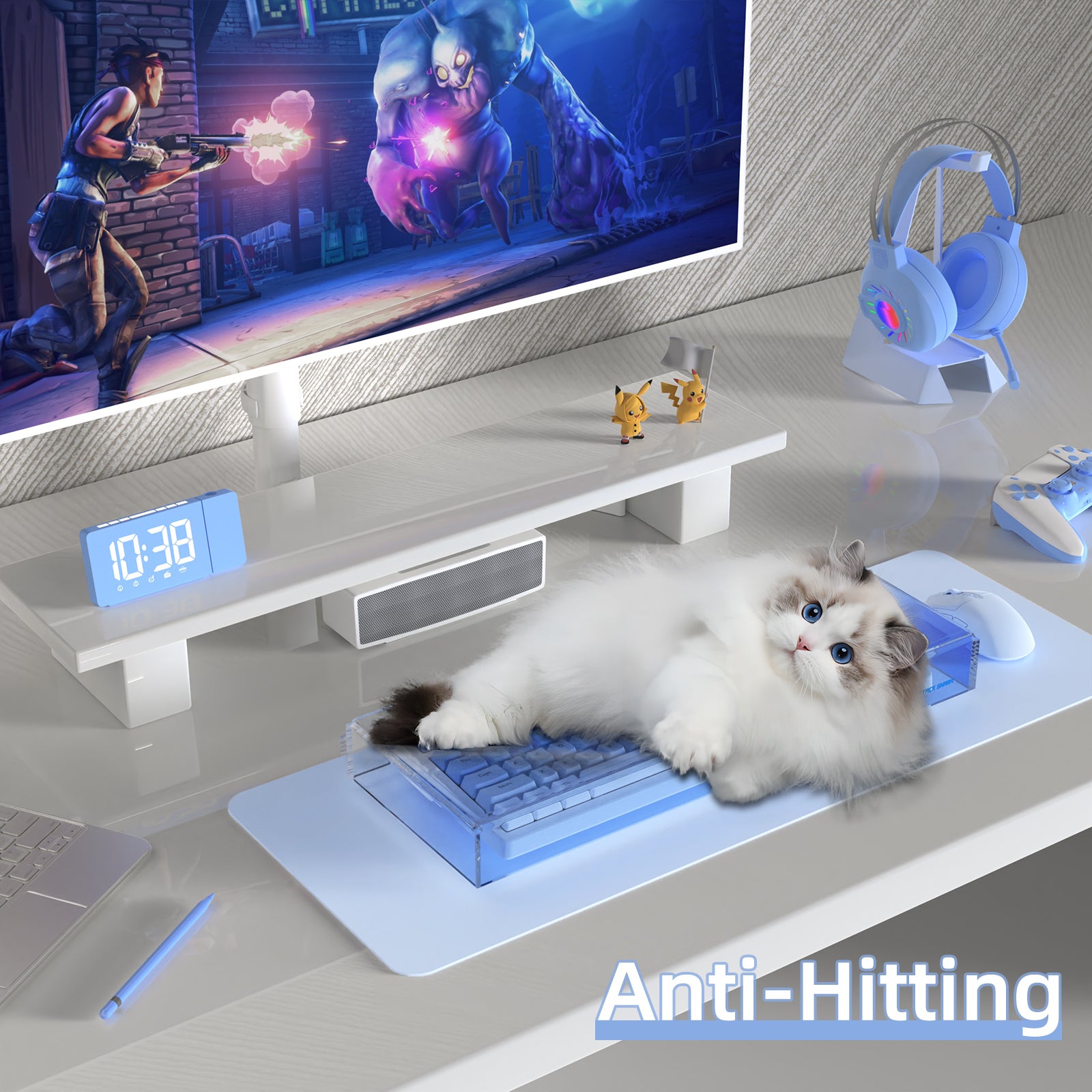 Cat lounging on Attack Shark acrylic keyboard cover in a vibrant gaming setup.