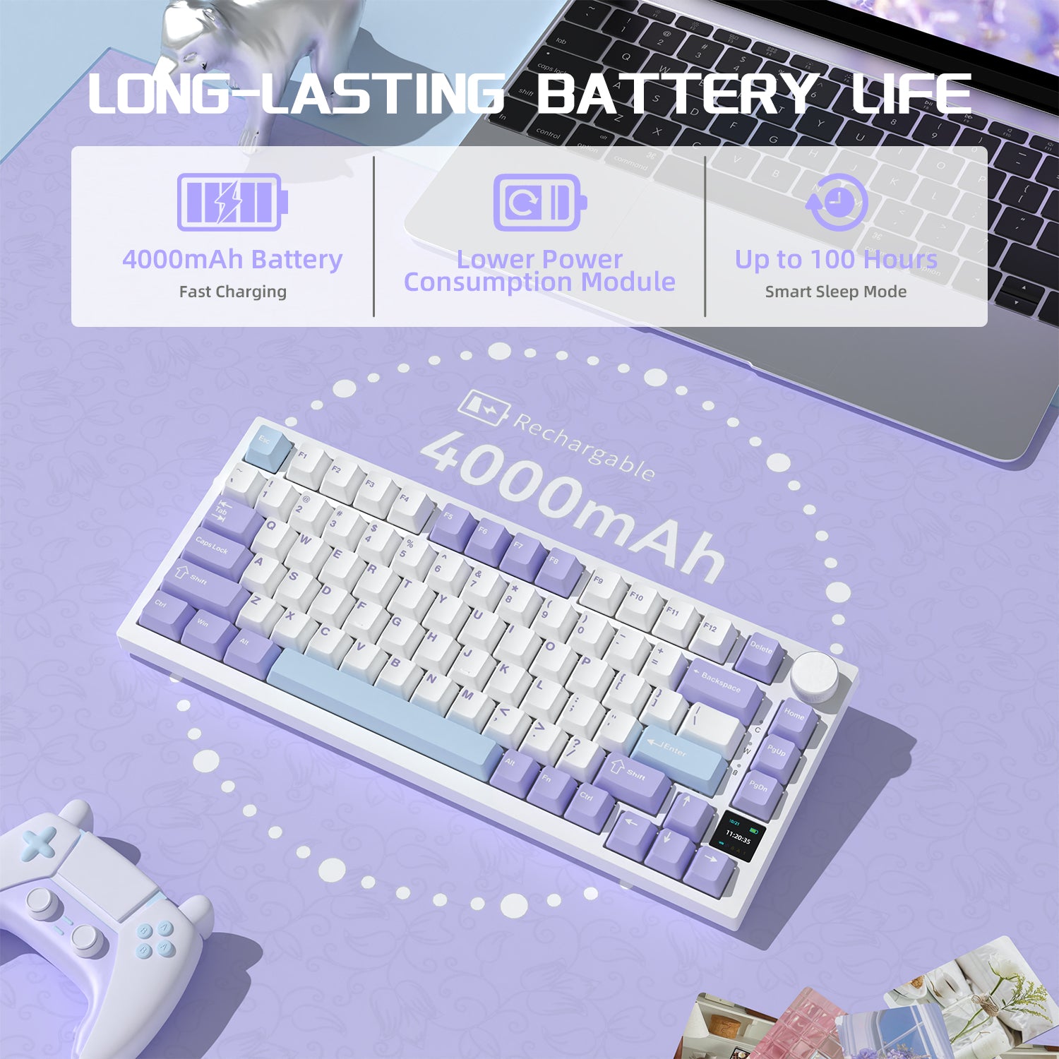 Attack Shark AK820 Pro keyboard with 4000mAh battery on a purple background