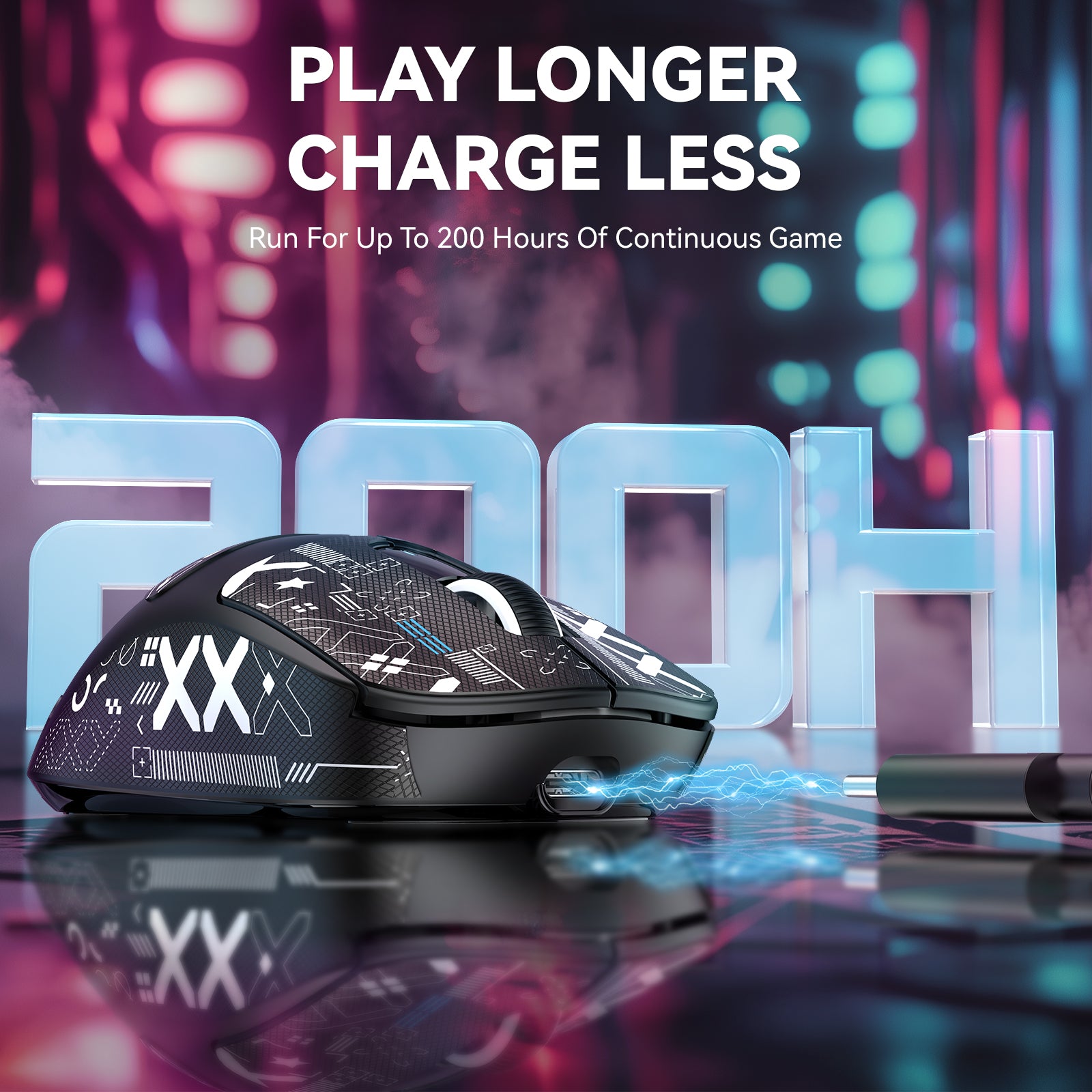 X3MAX wireless gaming mouse with 'PLAY LONGER CHARGE LESS' and 200H battery life.