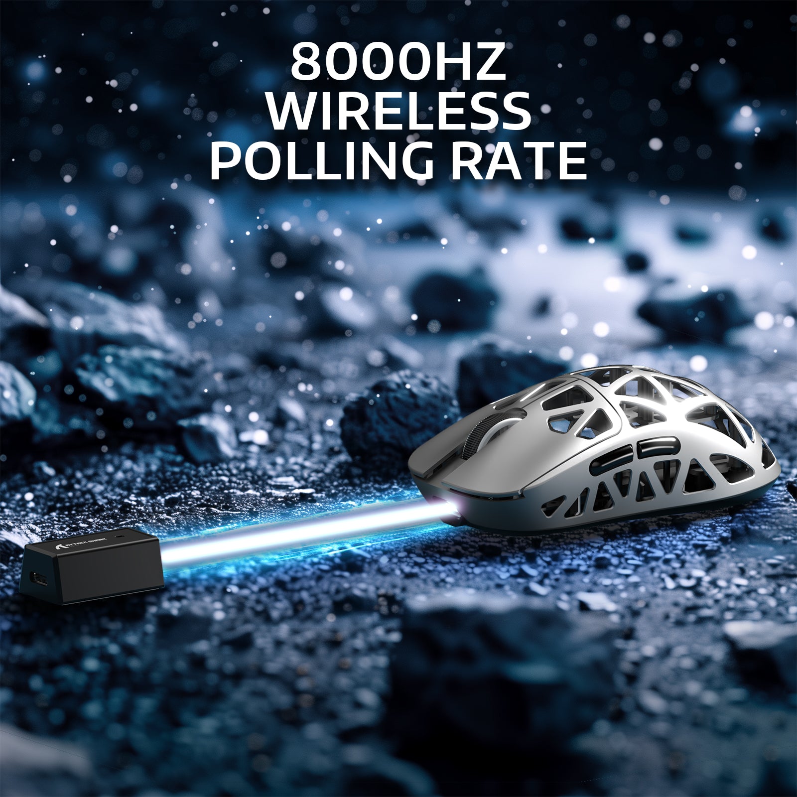 R2PRO Gaming Mouse showcasing 8000Hz wireless polling rate with USB receiver