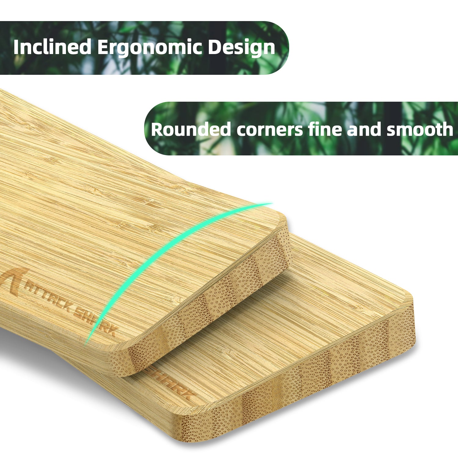 Attack Shark bamboo wrist rest highlighting ergonomic incline and smooth rounded corners.