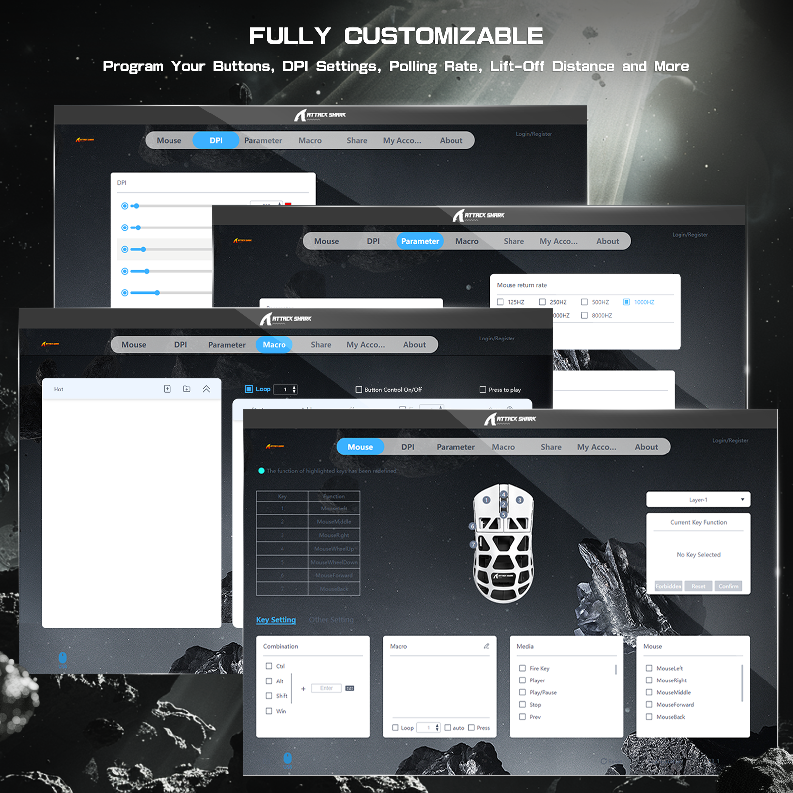Attack Shark R3 gaming mouse setup software interface for DPI and button customization.