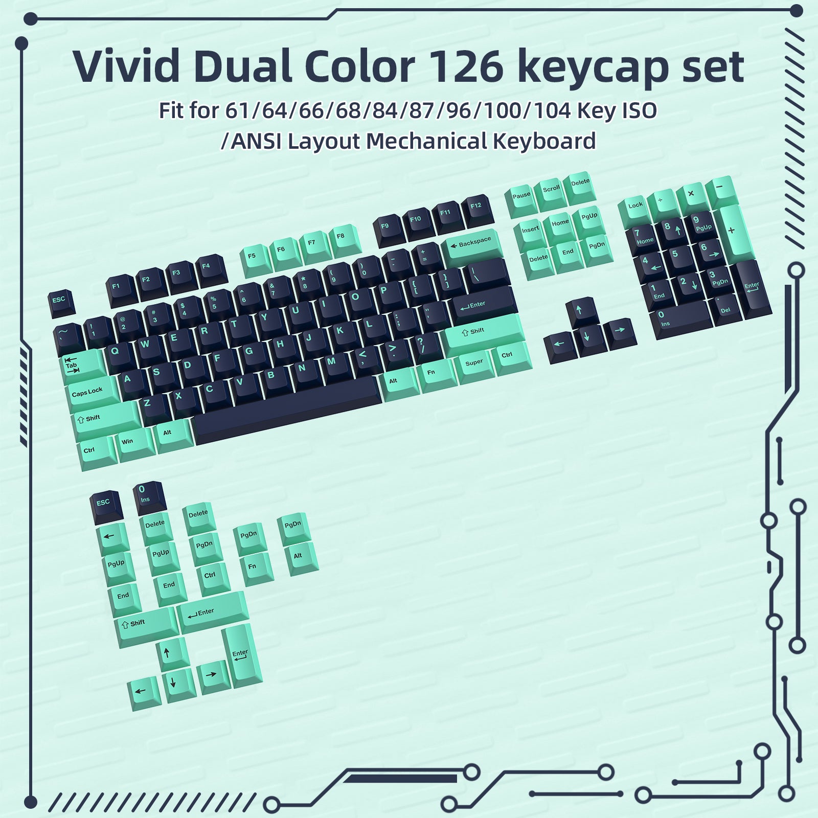 Vivid green and black 126 key PBT keycap set for mechanical keyboards