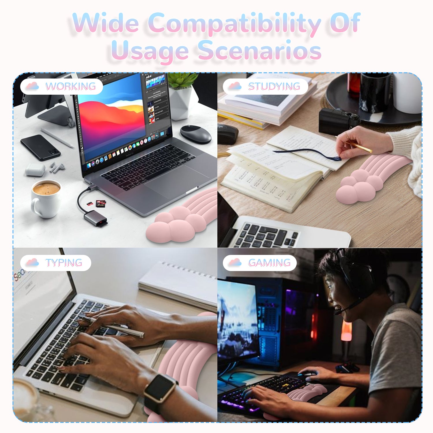 Rainbow cloud wrist rest in working, studying, typing, and gaming setups for ergonomic support.