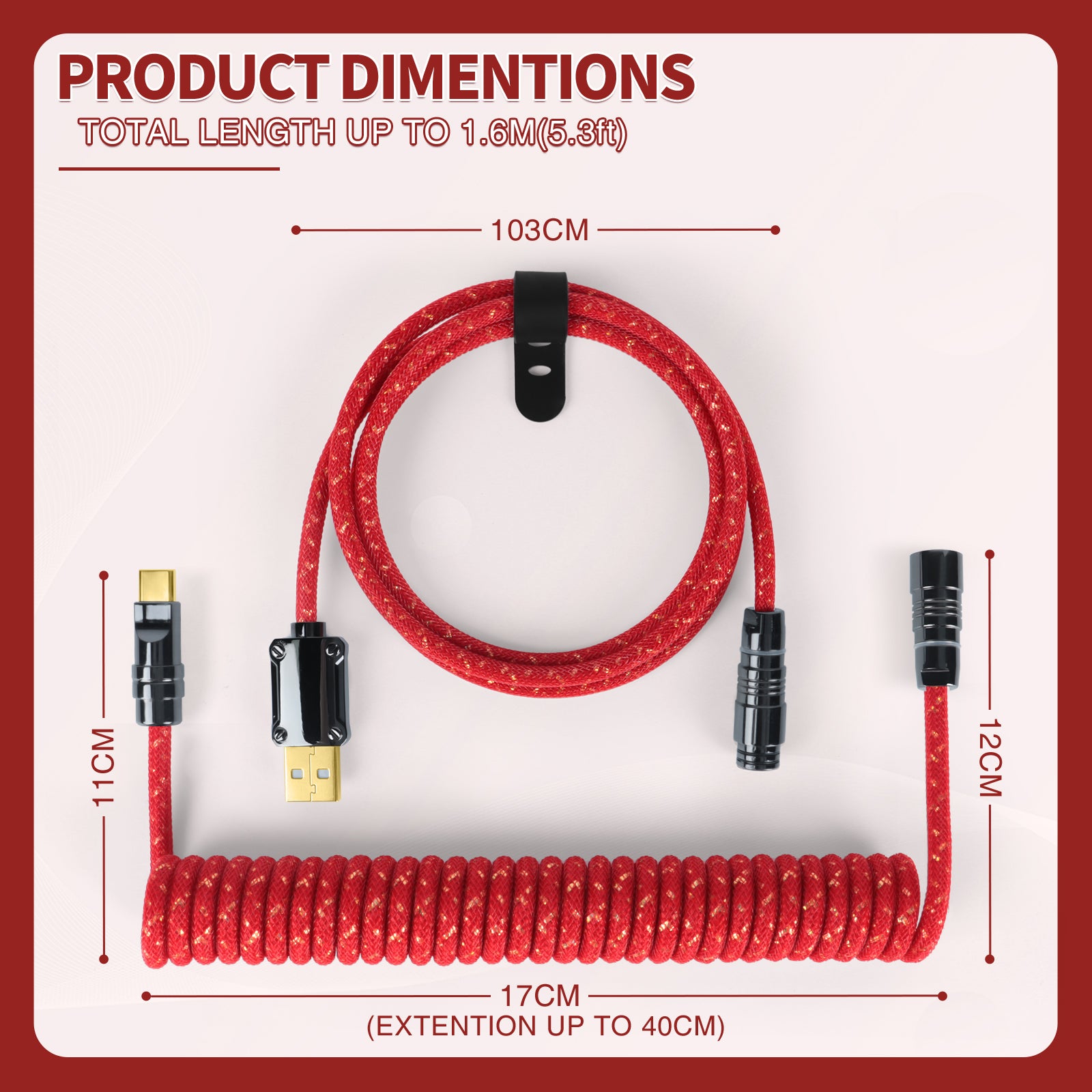 Red coiled USB cable dimensions for 1.6m length with detachable connectors.