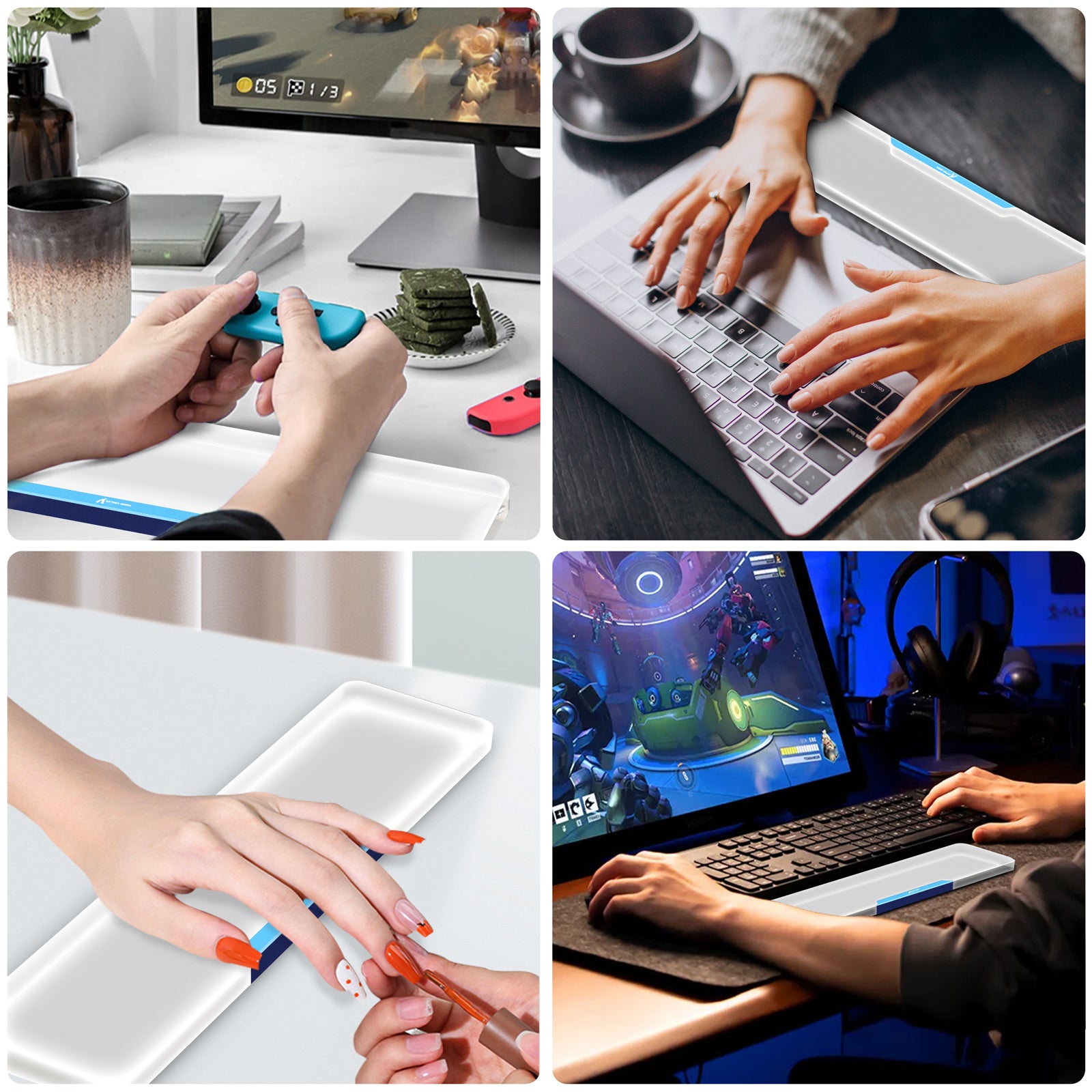 Hands using acrylic wrist rest with laptops and gaming setup for ergonomic support.