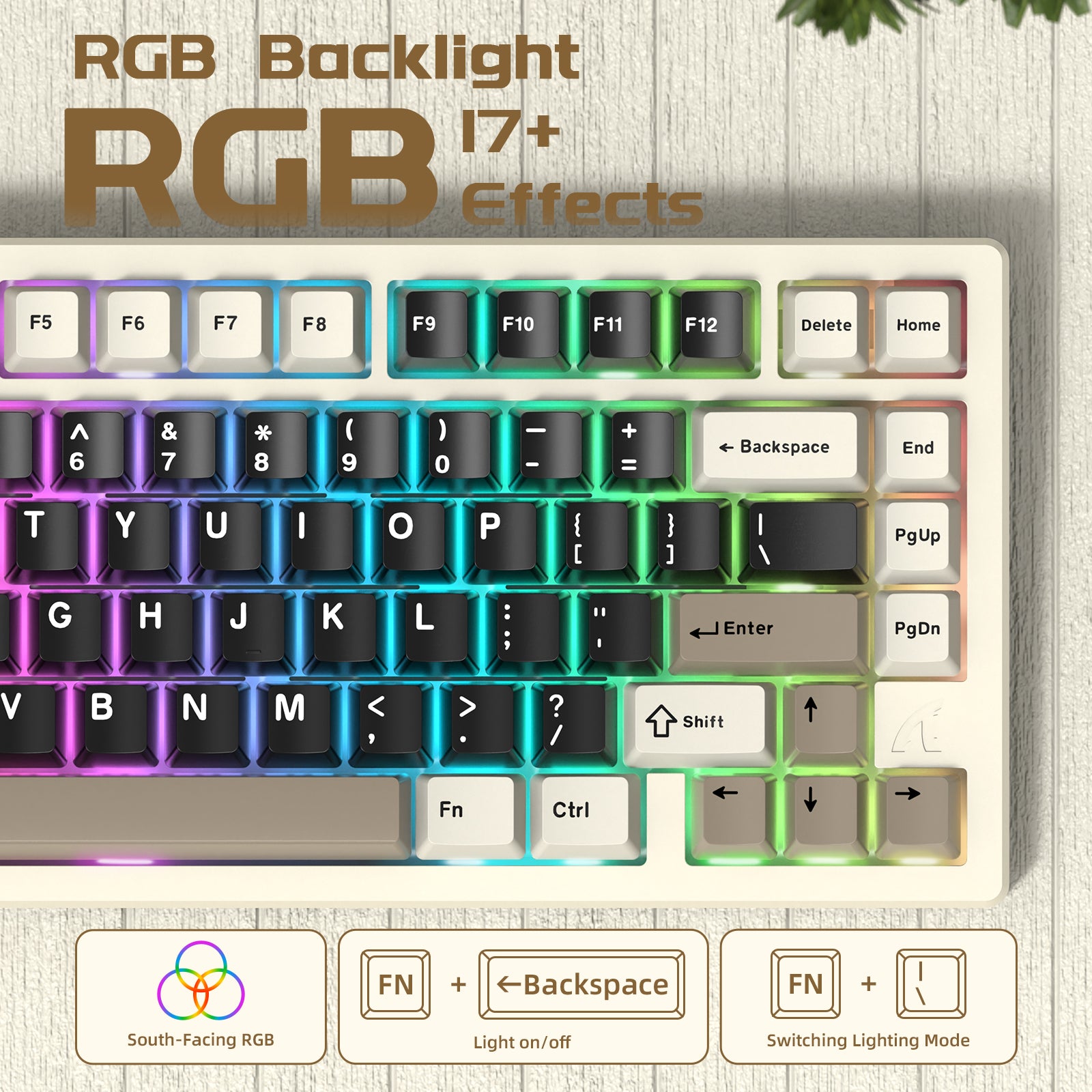 ATTACK SHARK X75 keyboard showcasing RGB backlighting with 17+ effects and key features.