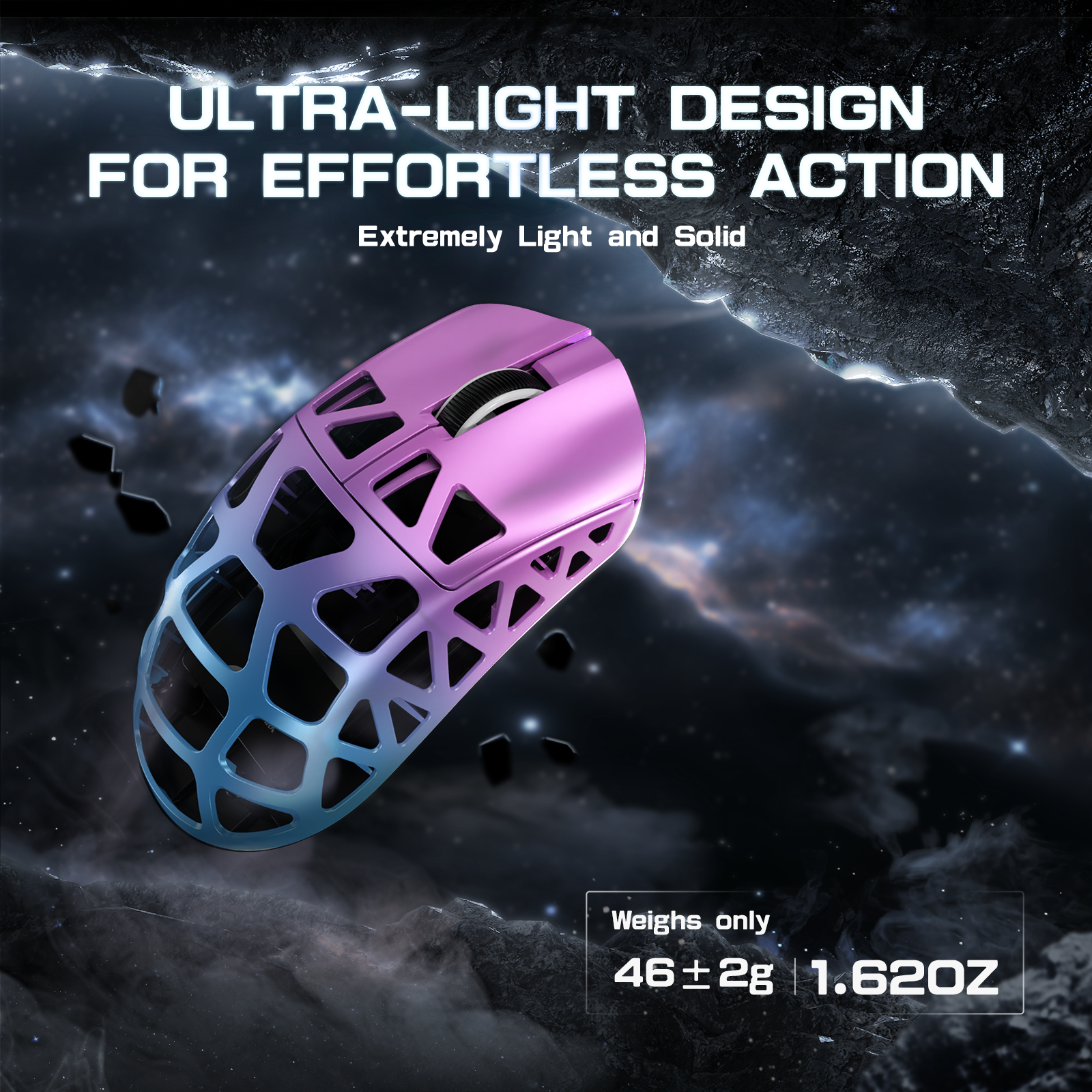 R3PRO ultra-light gaming mouse design displaying weight and solid structure.